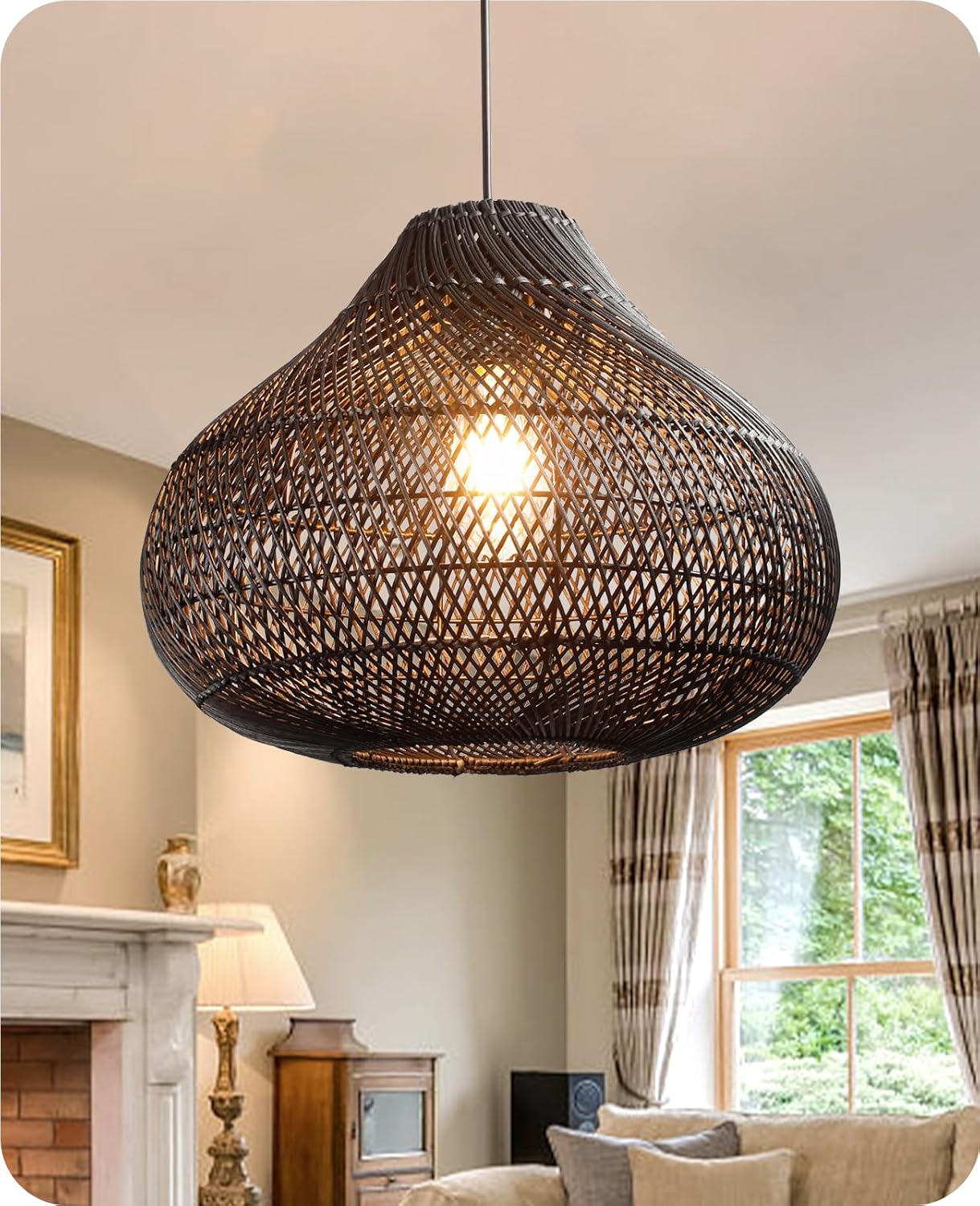Karjear Black Rattan Chandelier - Unique Wicker Pendant Light