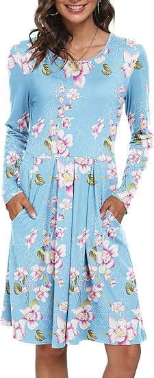 DouBCQ Women's Casual Long Sleeve Flowy Pleated Fall Dresses
