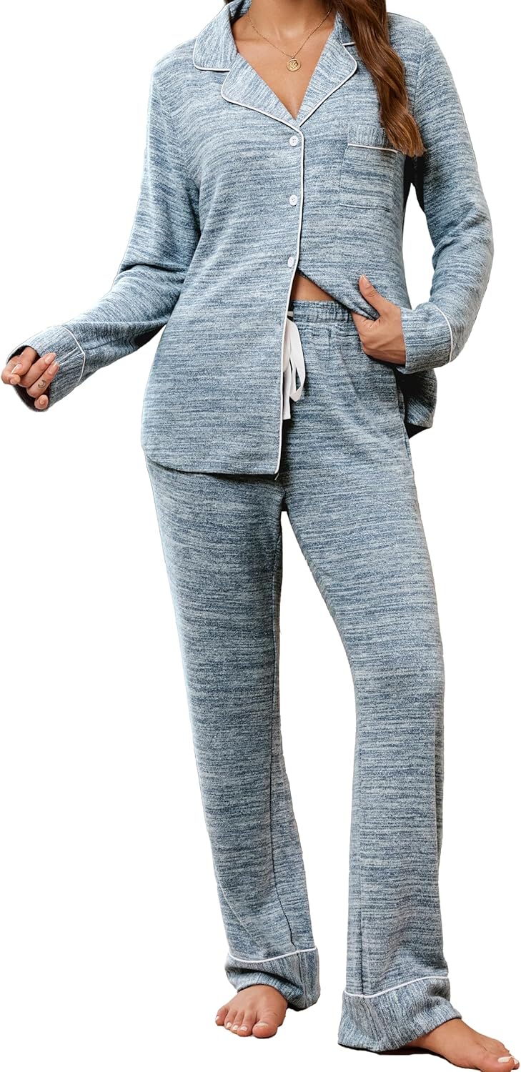 Anjue Pajamas for Women Soft Button Up Long Sleeve Set S-XXL