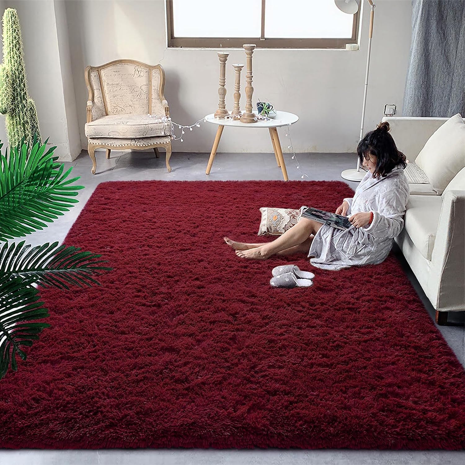 DweIke Fluffy Burgundy Red Rugs for Bedroom and Living Room