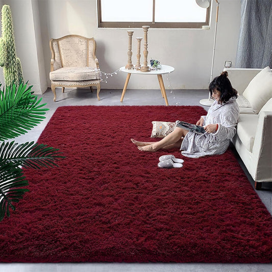 Fluffy Burgundy Red Rugs for Bedroom Living Room Decor