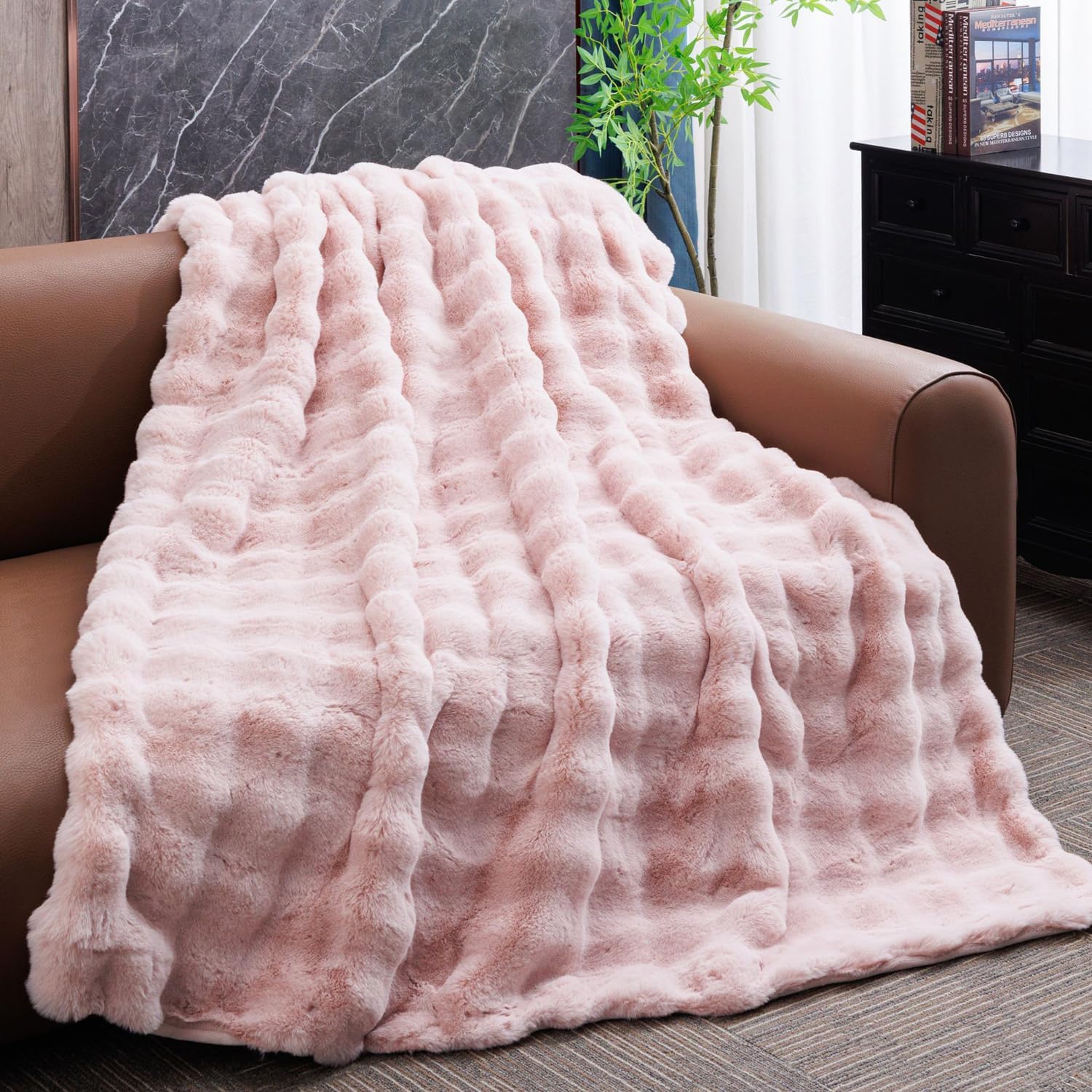 Light Pink Throw Blanket Fluffy Soft Faux Rabbit Fur 50in x 60in