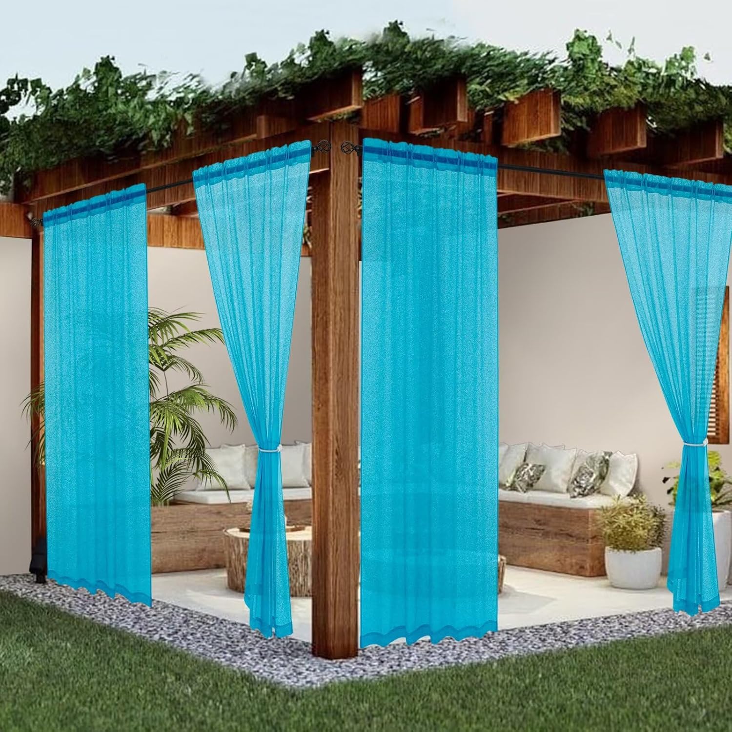 Sheer Outdoor Curtains for Patio Waterproof 4 Panels Aqua