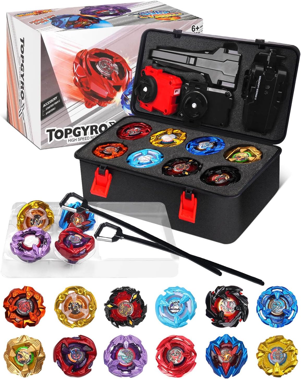 Gyro X Set with 12 Spinning Tops and Launchers for Kids Fun