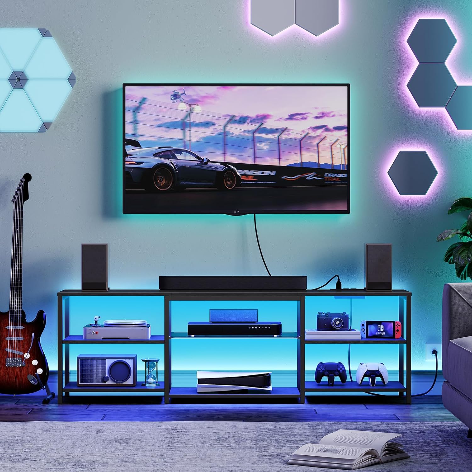 Modern Black TV Stand with Charging Station