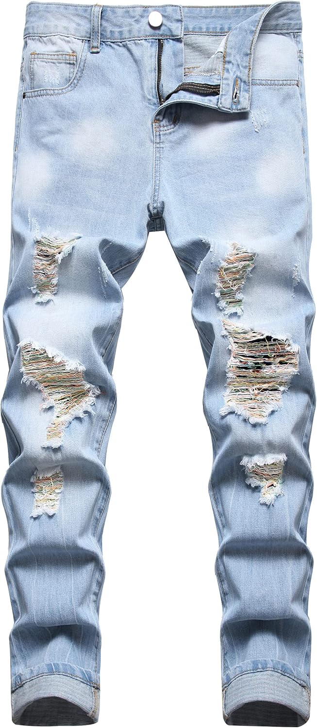 Men's Ripped Jeans Slim Fit Distressed Straight Leg Denim Pants