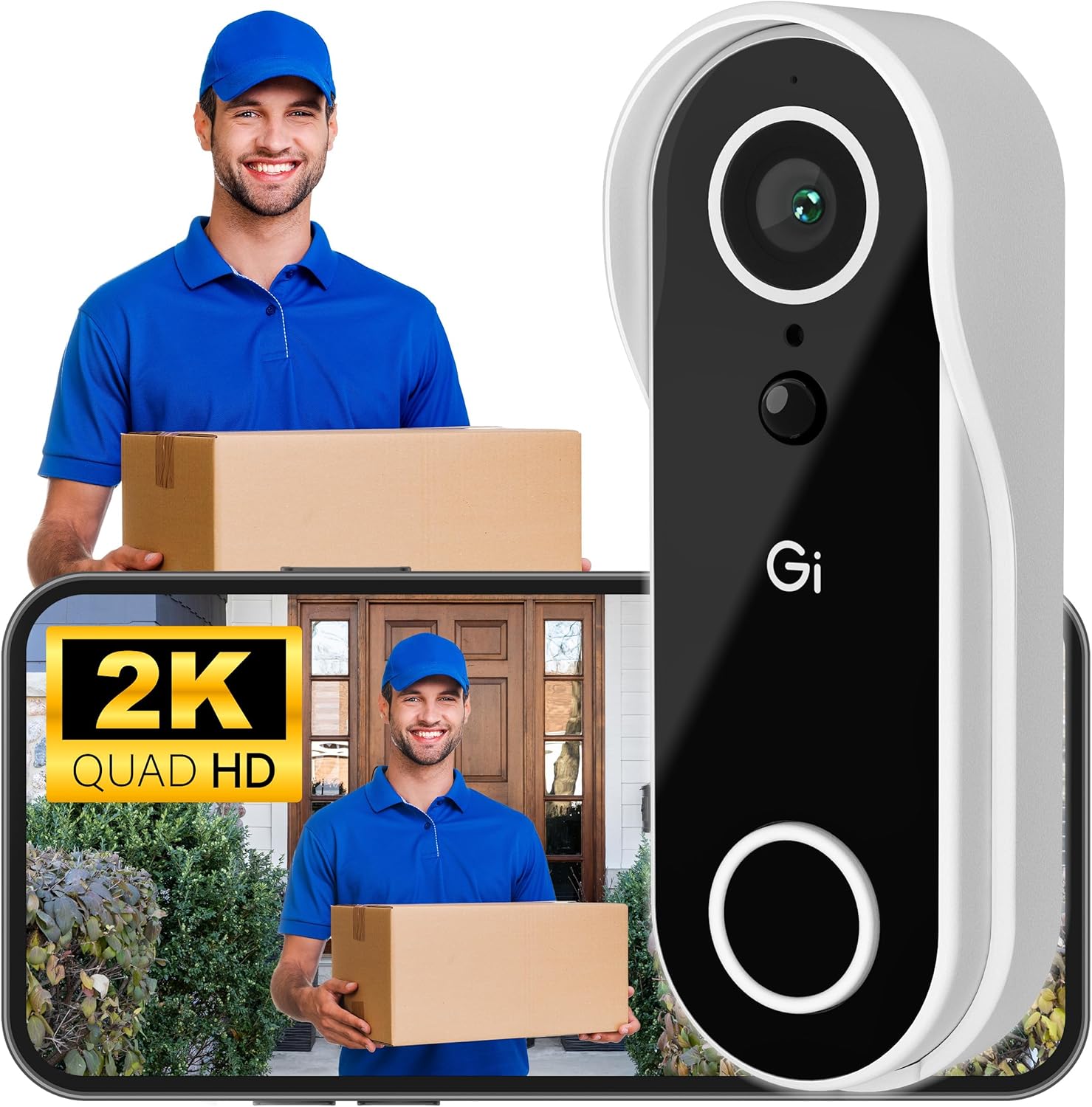 2K Wireless Video Doorbell - Rechargeable Battery