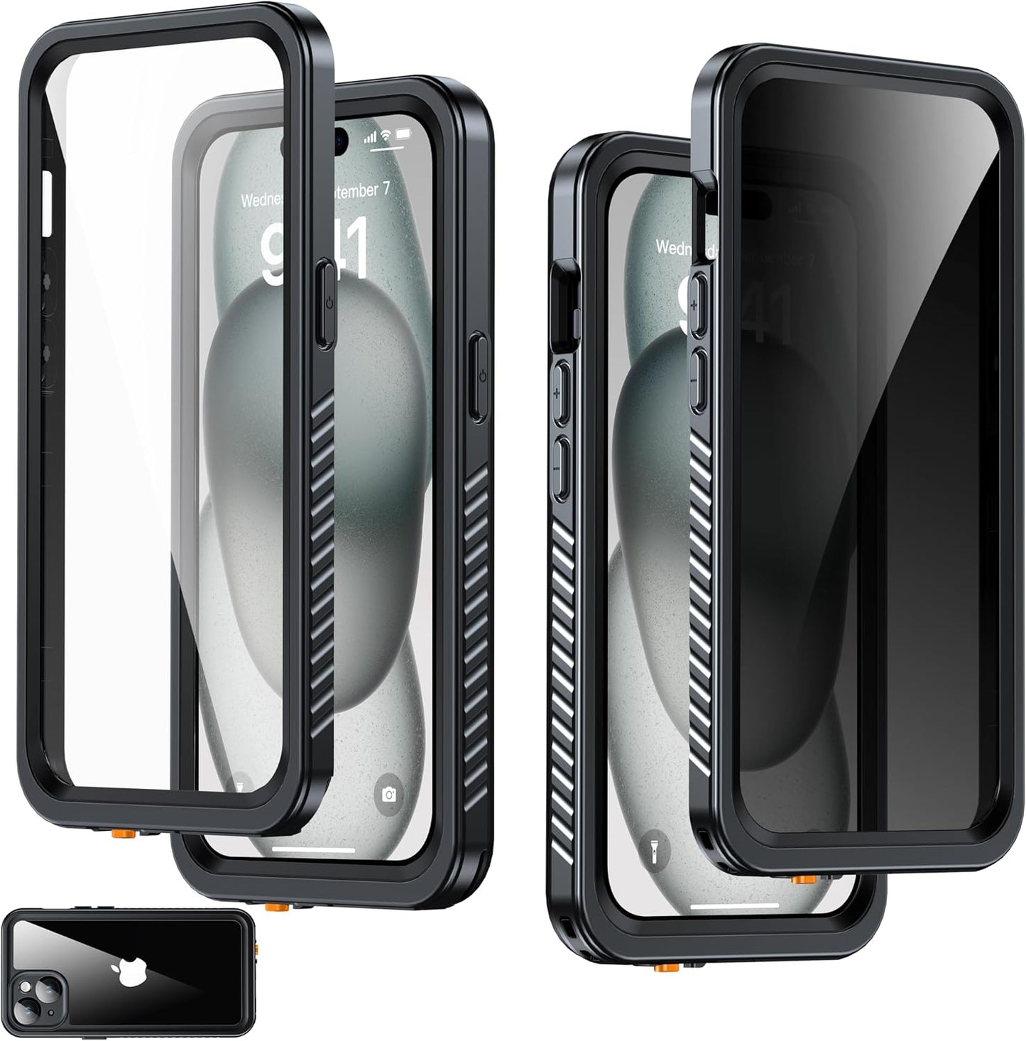 iPhone 15 Case Waterproof with Built-in Privacy Screen Protector