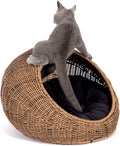Wicker Cat Bed Dome for Medium Cats - Covered Hideaway with Cushion