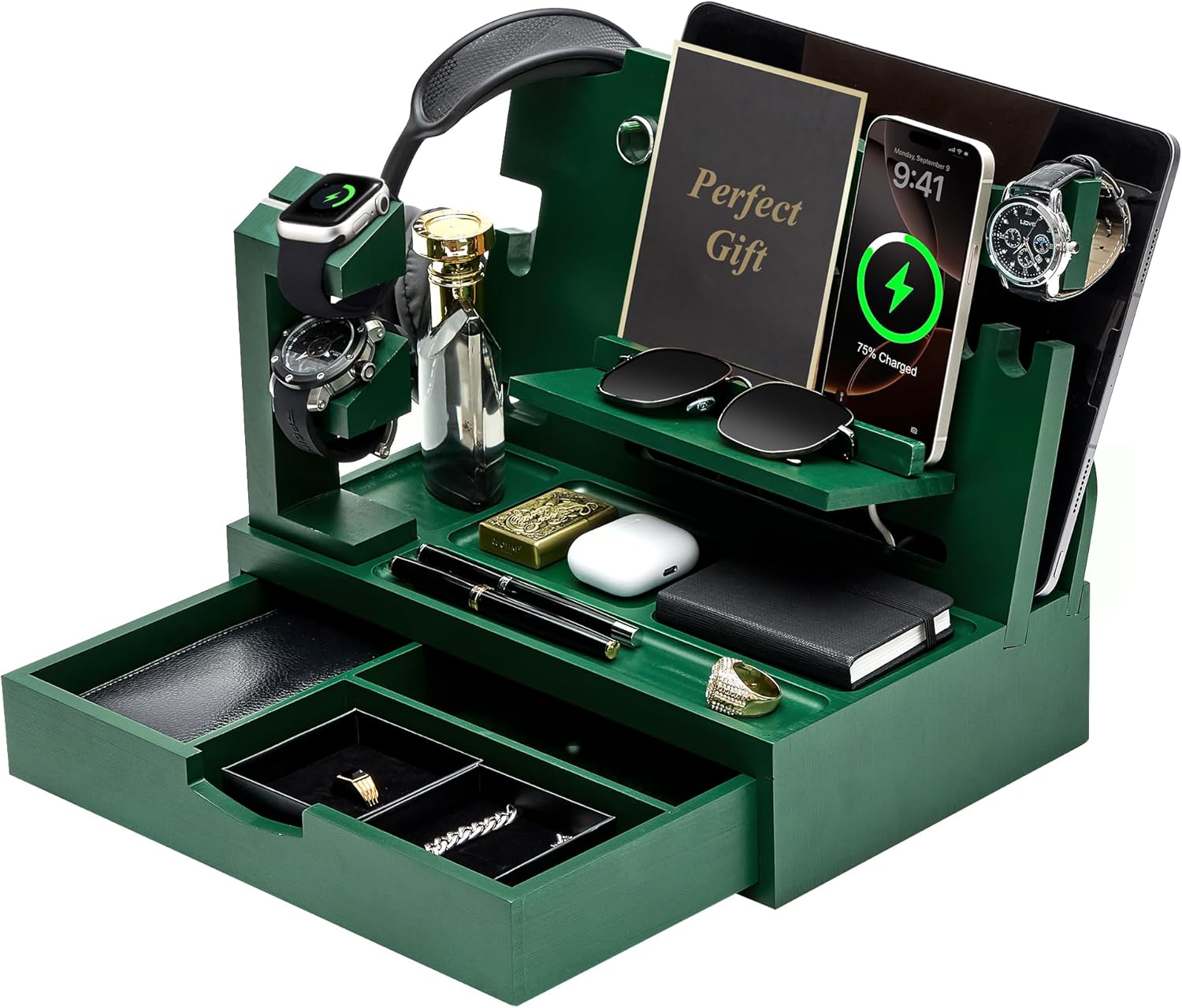Nightstand Organizer for Men with Large Drawer and Phone Dock