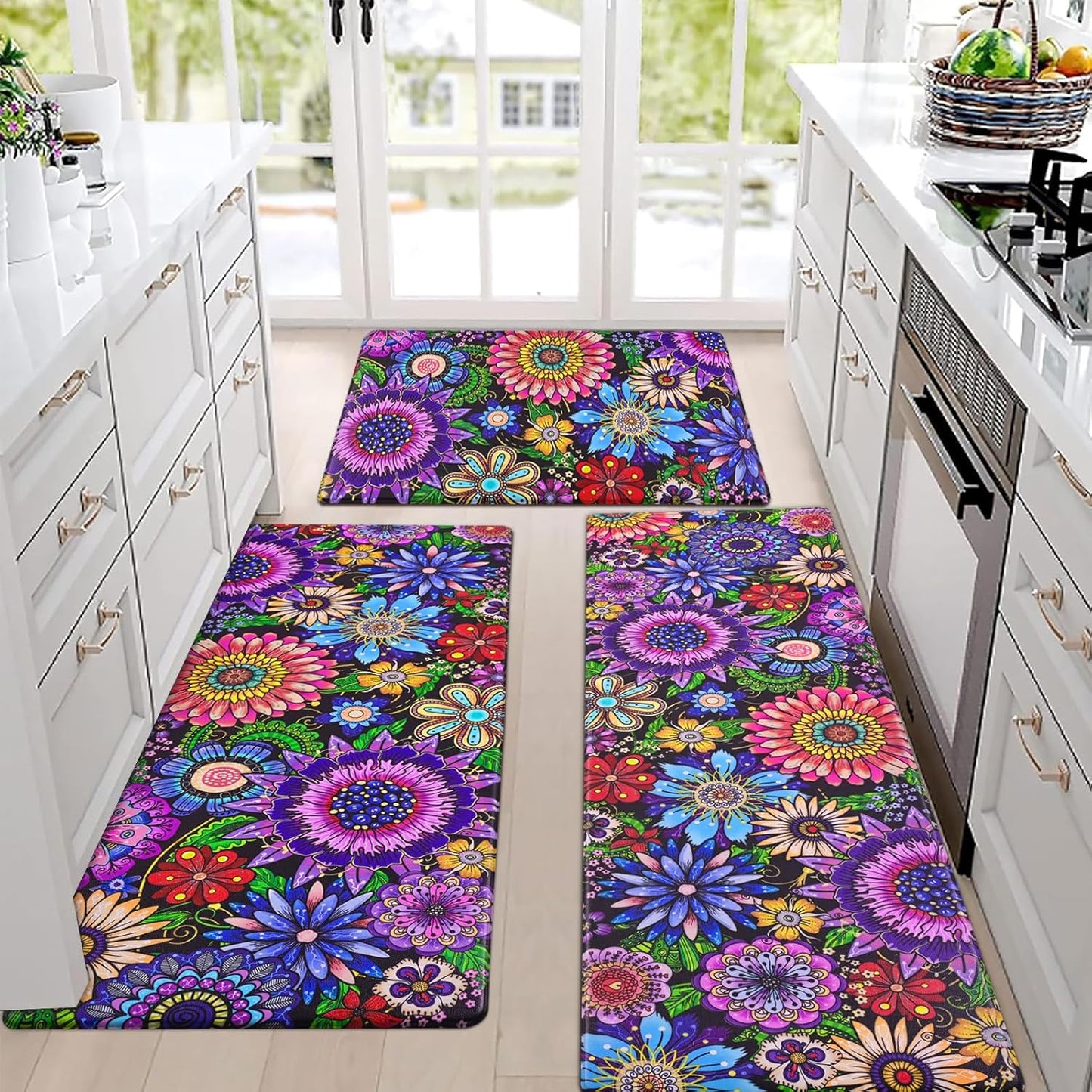 Boho Kitchen Rugs Set - Floral Anti Fatigue Mats for Comfort