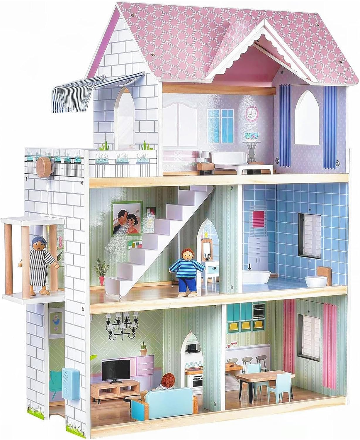 Large Pink Wooden Dollhouse with Furniture for Kids Playtime Fun