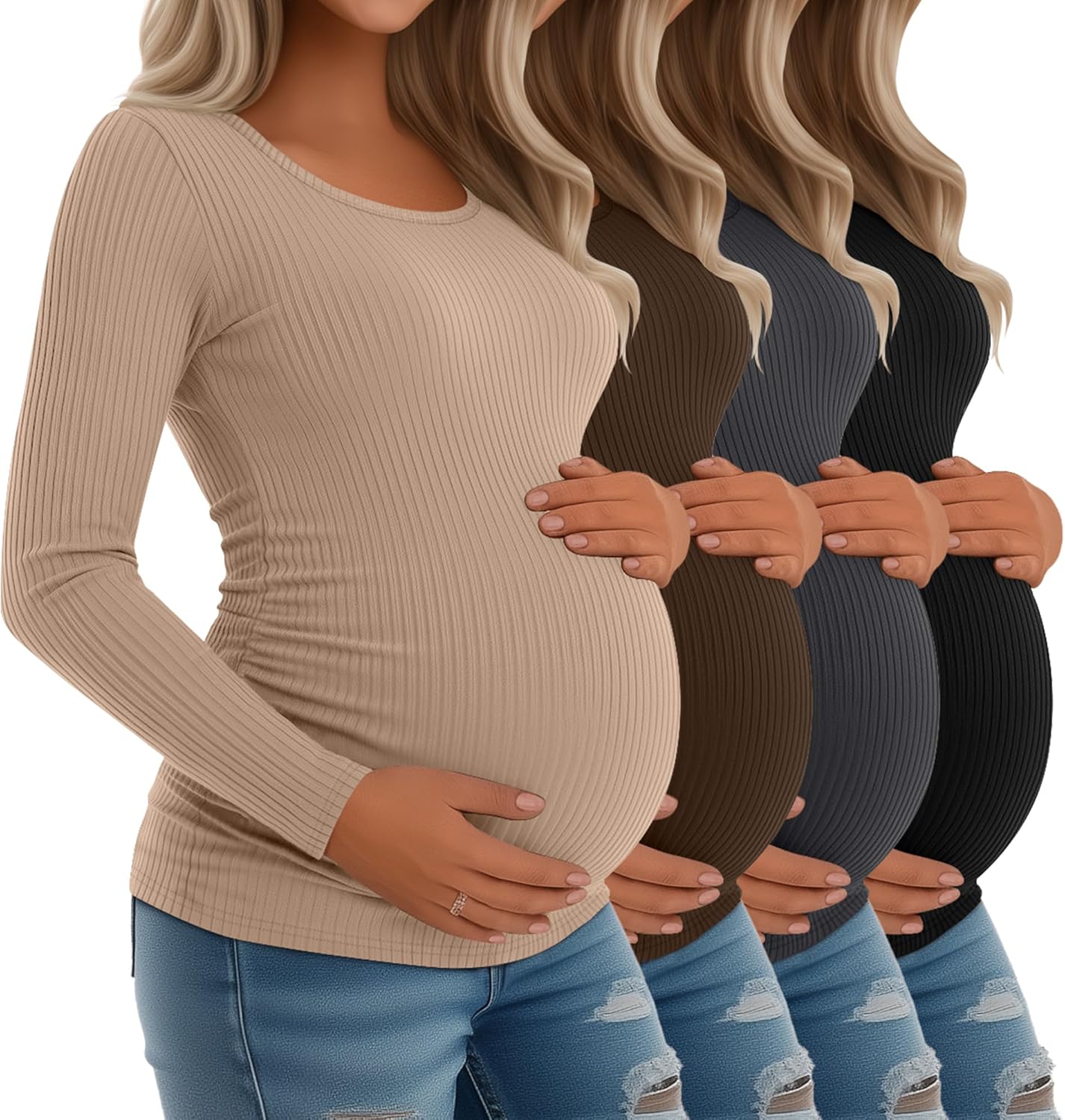Riyiper Women's Maternity Shirts 4 Pack Long Sleeve Cotton Tees