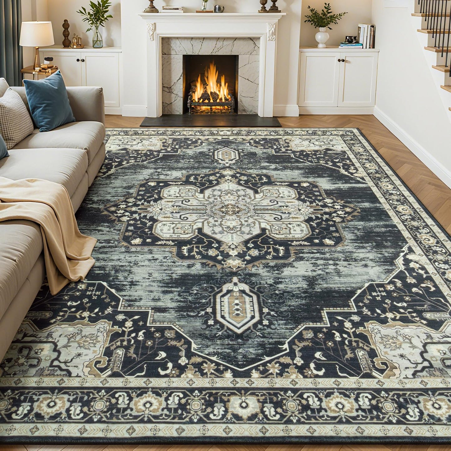 Washable Rug for Living Room Bedroom, Vintage Boho Floral Design