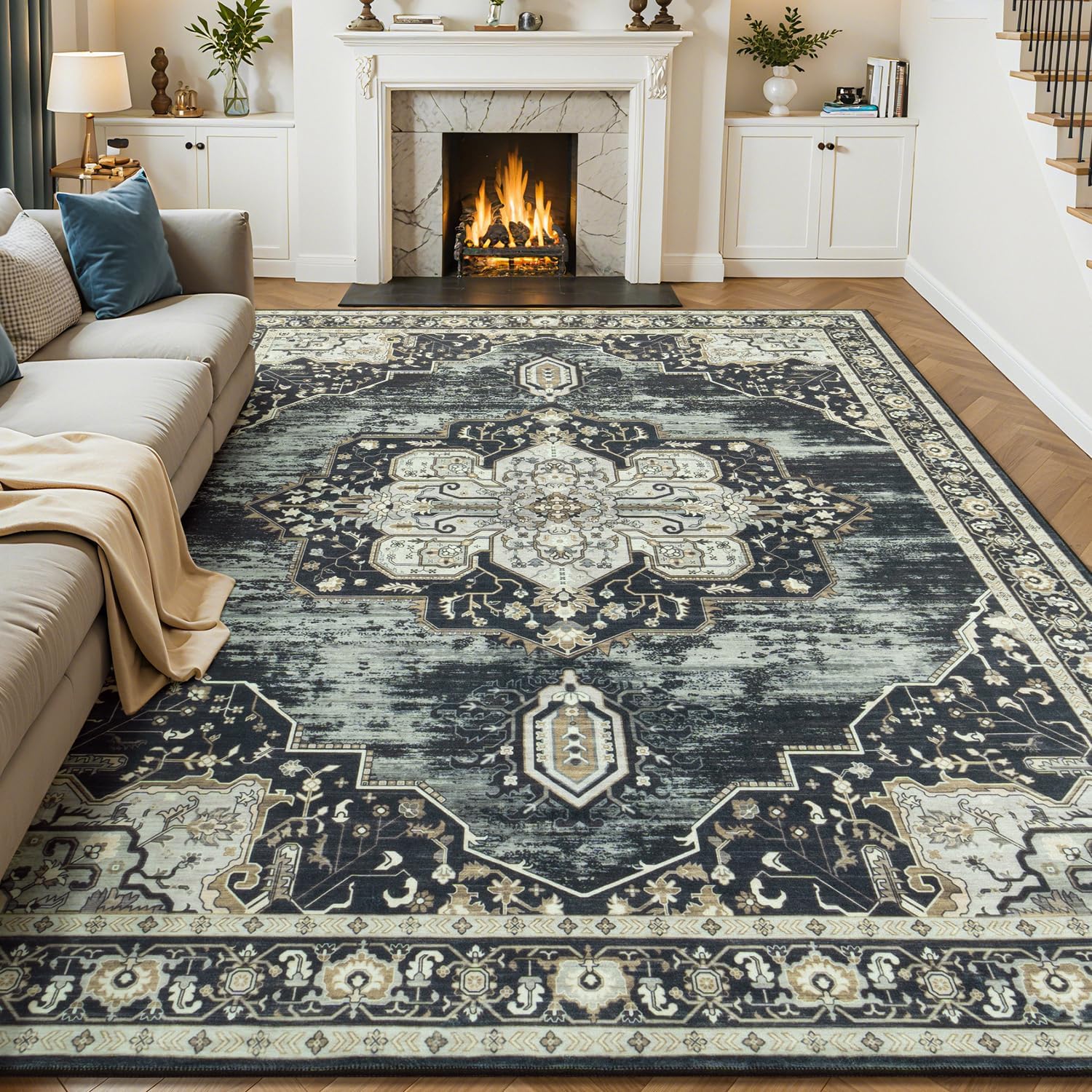 Washable Rug for Living Room Bedroom, Vintage Boho Floral Design