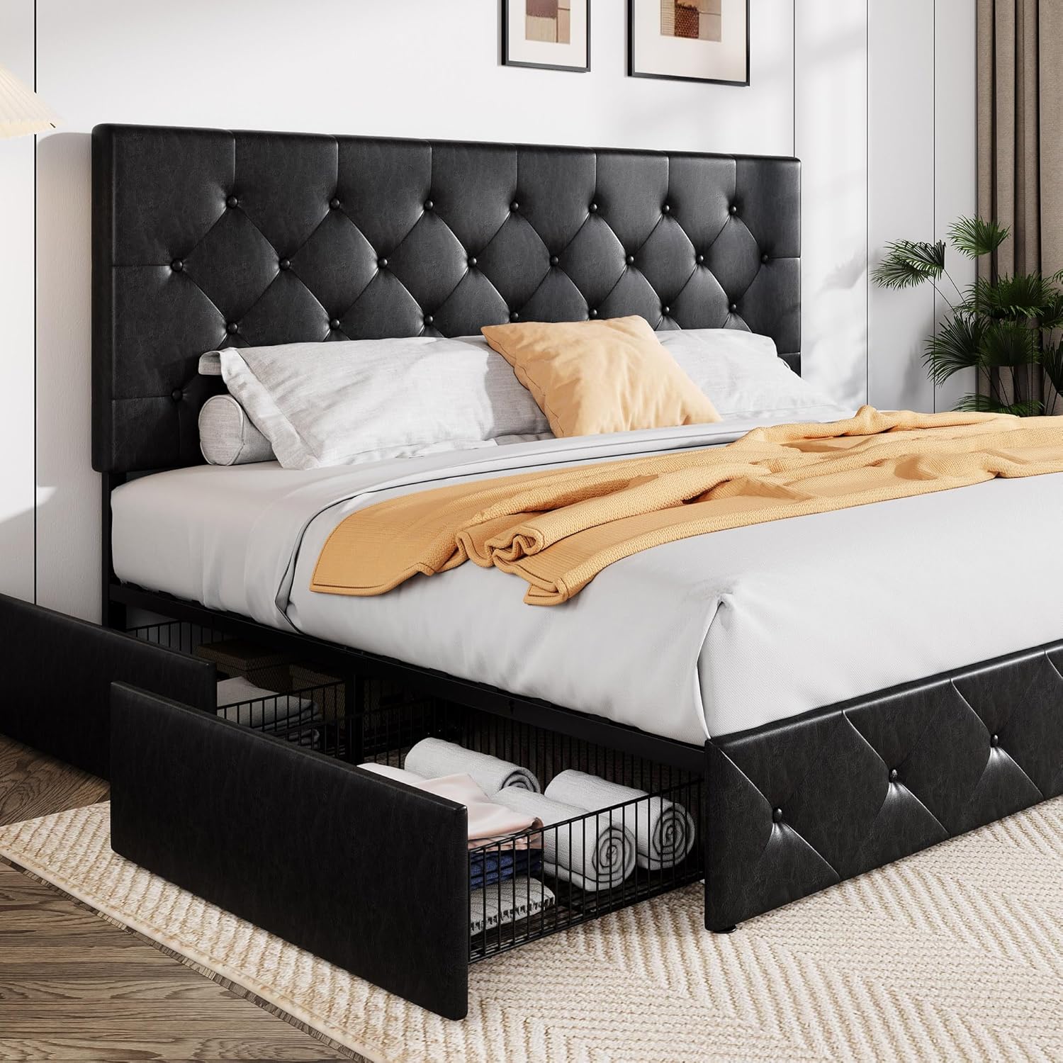 Allewie King Size Black Metal Faux Leather Bed Frame with Drawers
