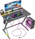 TIQLAB Gaming Desk with Power Outlets & LED 32in Ergonomic Carbon