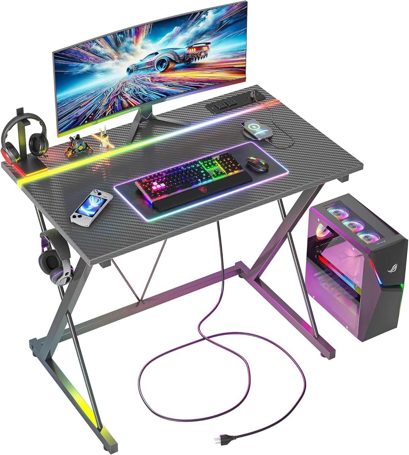 TIQLAB Gaming Desk with Power Outlets & LED for Gamers