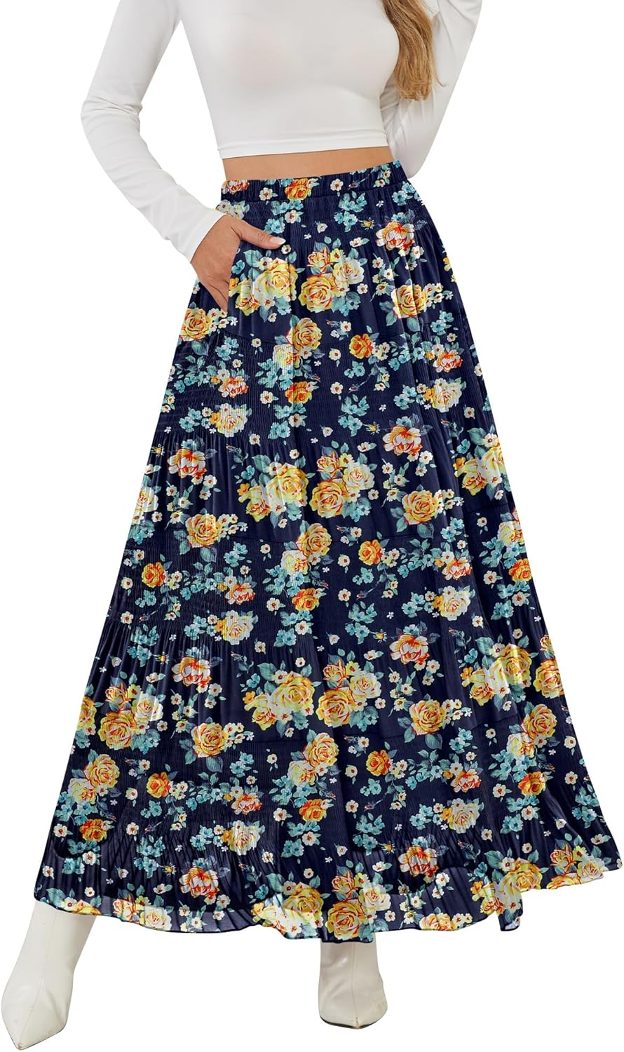 Women's Maxi Skirt with Pockets High Waisted Casual A-Line