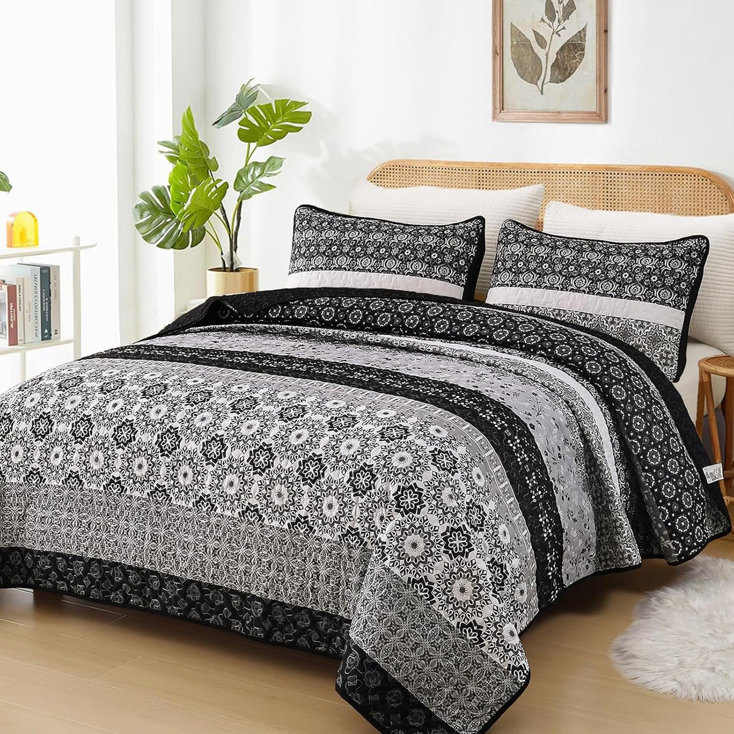 Bohemian Black Striped Patchwork King Quilt Set for Cozy Decor