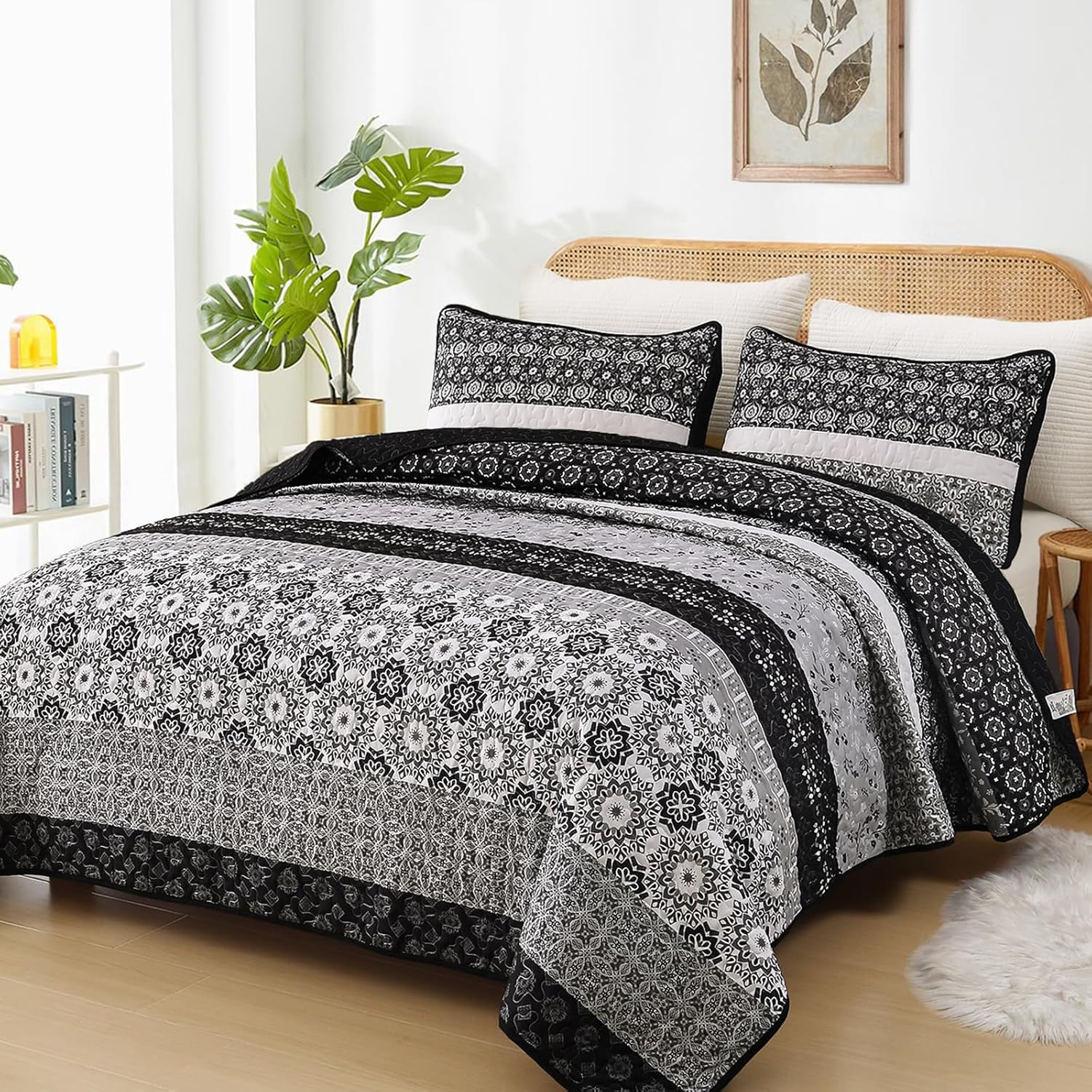 Bohemian Black Striped Patchwork King Quilt Set for Cozy Decor