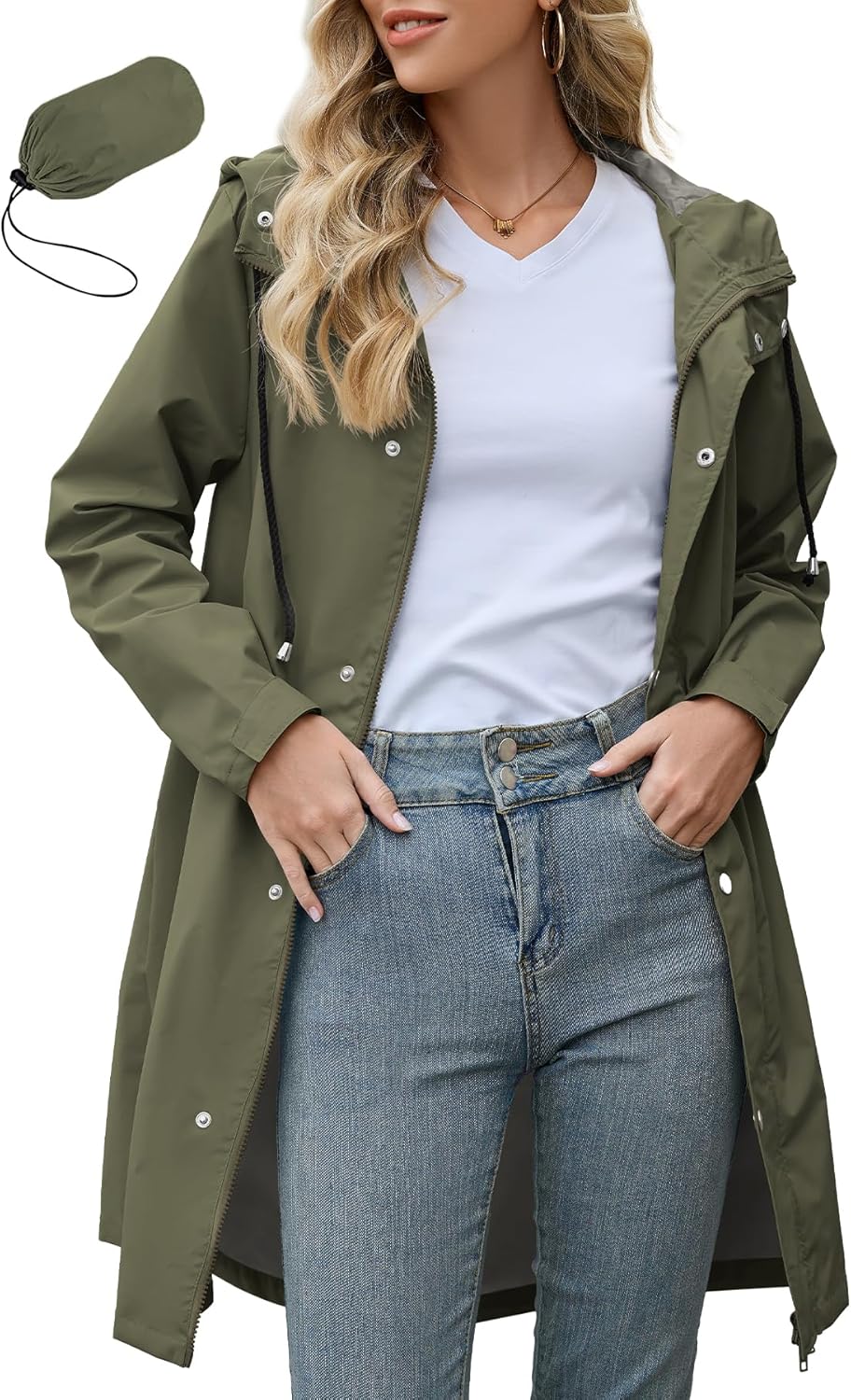 Zando Long Packable Rain Jacket Women Waterproof Windbreaker