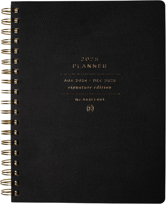 2025 Spiral Weekly Planner | 17-Month Aug-Dec | Faux Leather Cover | Standard Black