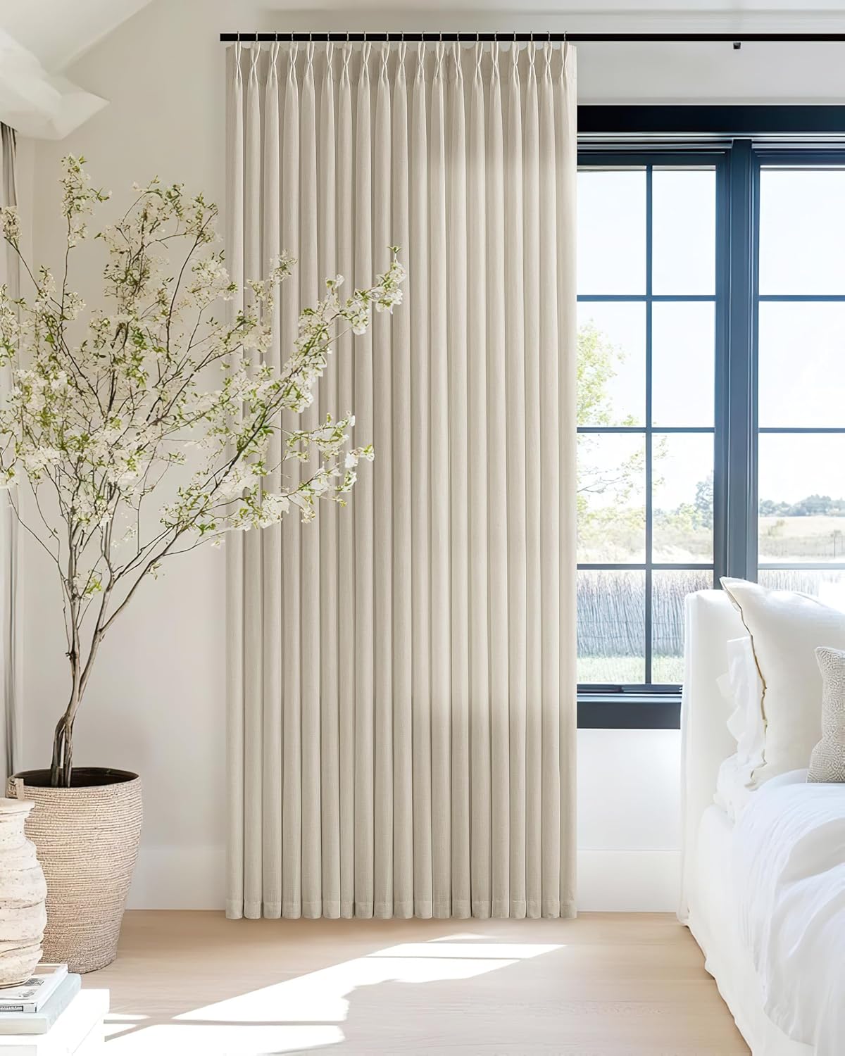 Linen Beige Pleated Curtains for Patio Sliding Doors 70x90