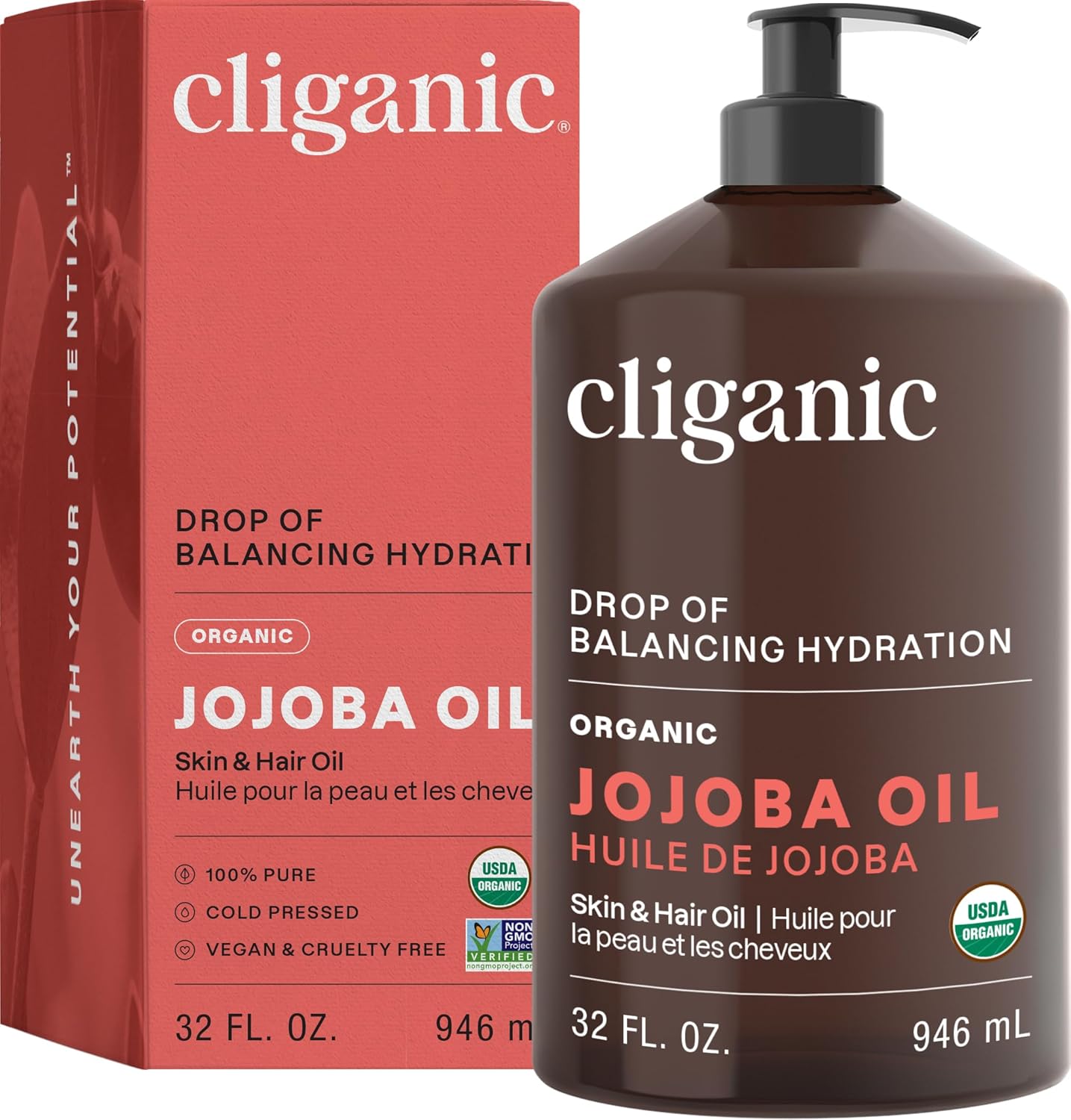 Cliganic Organic Jojoba Oil 32oz - Pure, Natural & Bulk Size