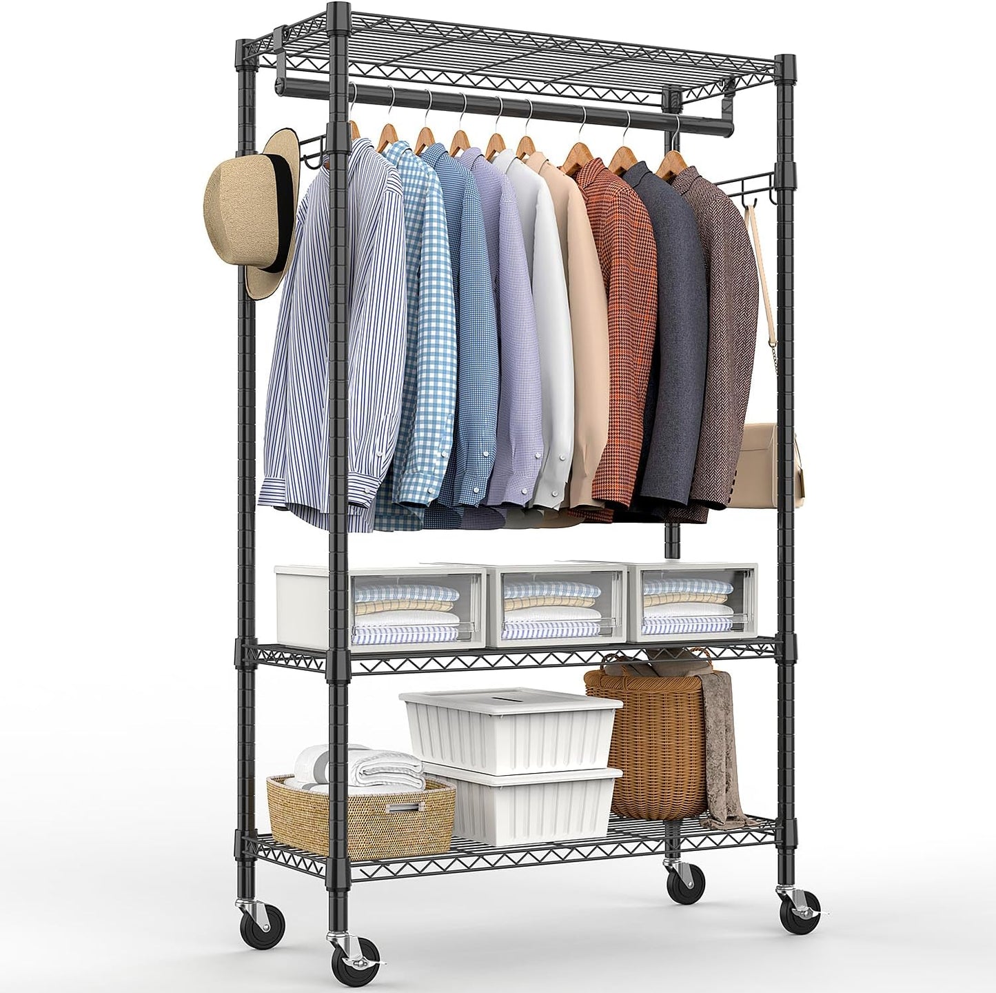 Heavy Duty Rolling Garment Rack with Adjustable Shelving and Hooks