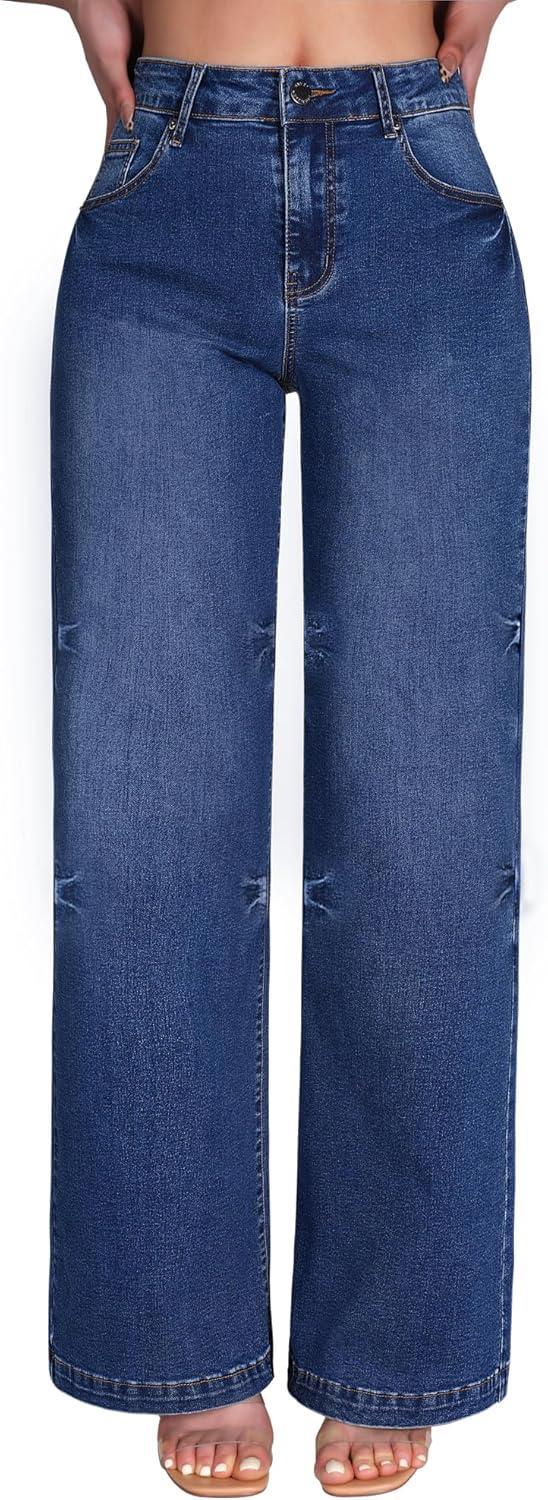 Roswear Women's Wide Leg Jeans High Waisted Stretchy Denim Pants