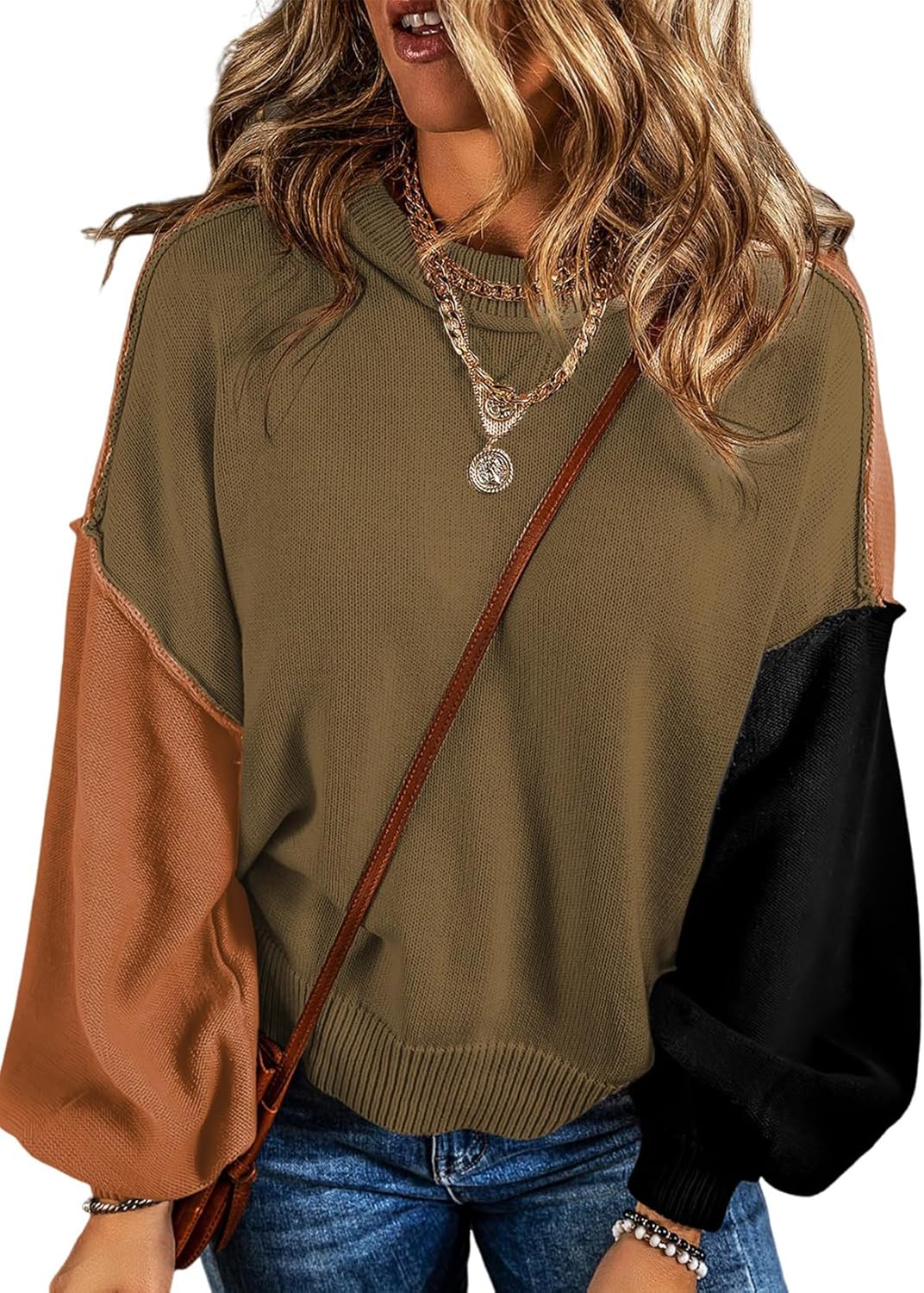 Dokotoo Women's Colorblock Crewneck Sweaters for Fall Style