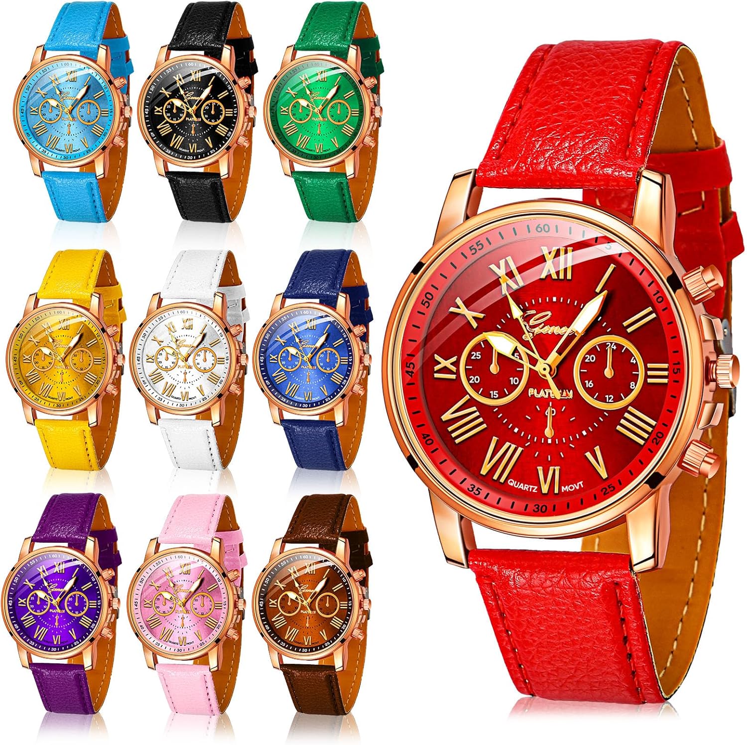 Yinkin 10-Piece Platinum Unisex Quartz Watch Set: Stylish Roman Numerals