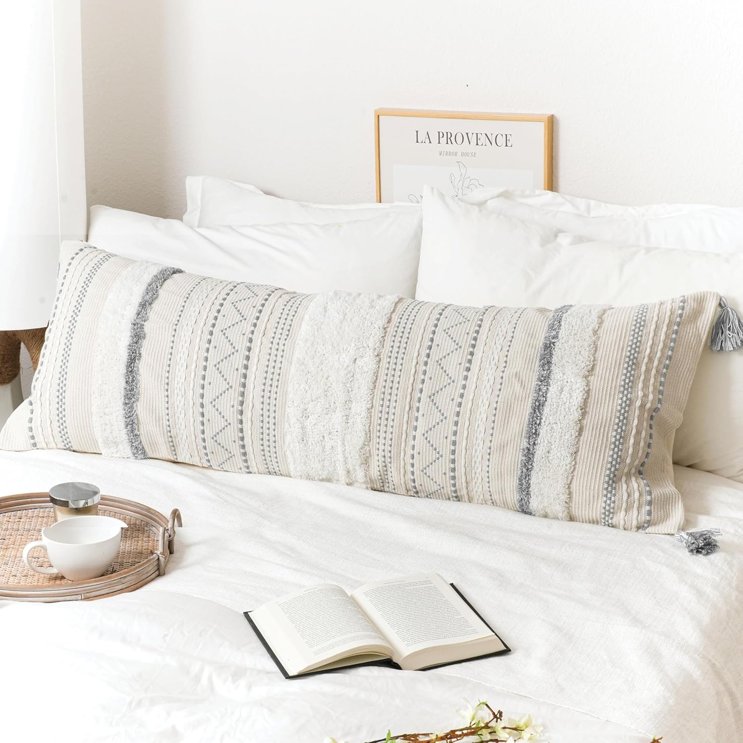 Large Body Pillow Cover for Bed 20x54 Gray Boho Accent