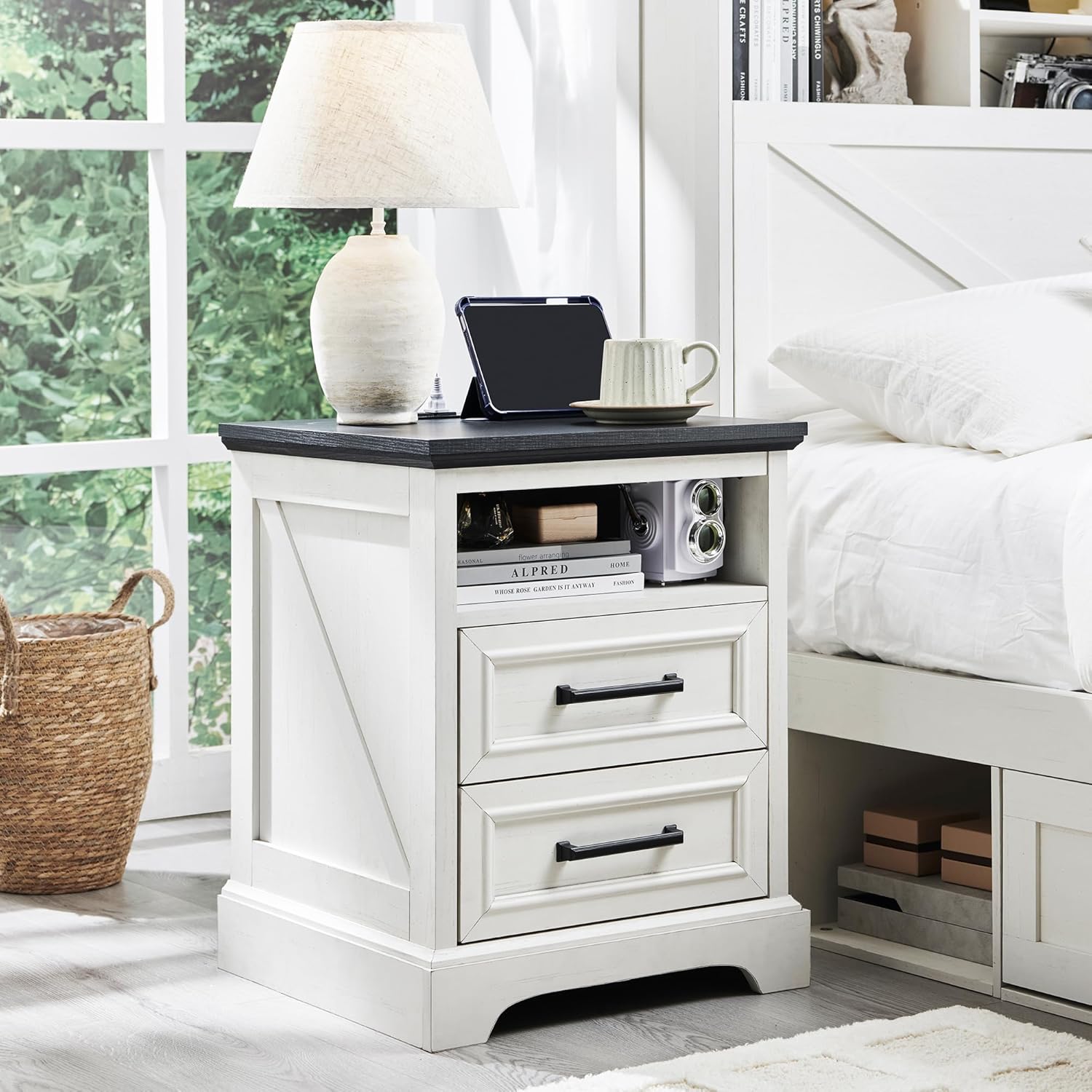 ACCOHOHO 18 Farmhouse Nightstand with Charging Station and Drawers