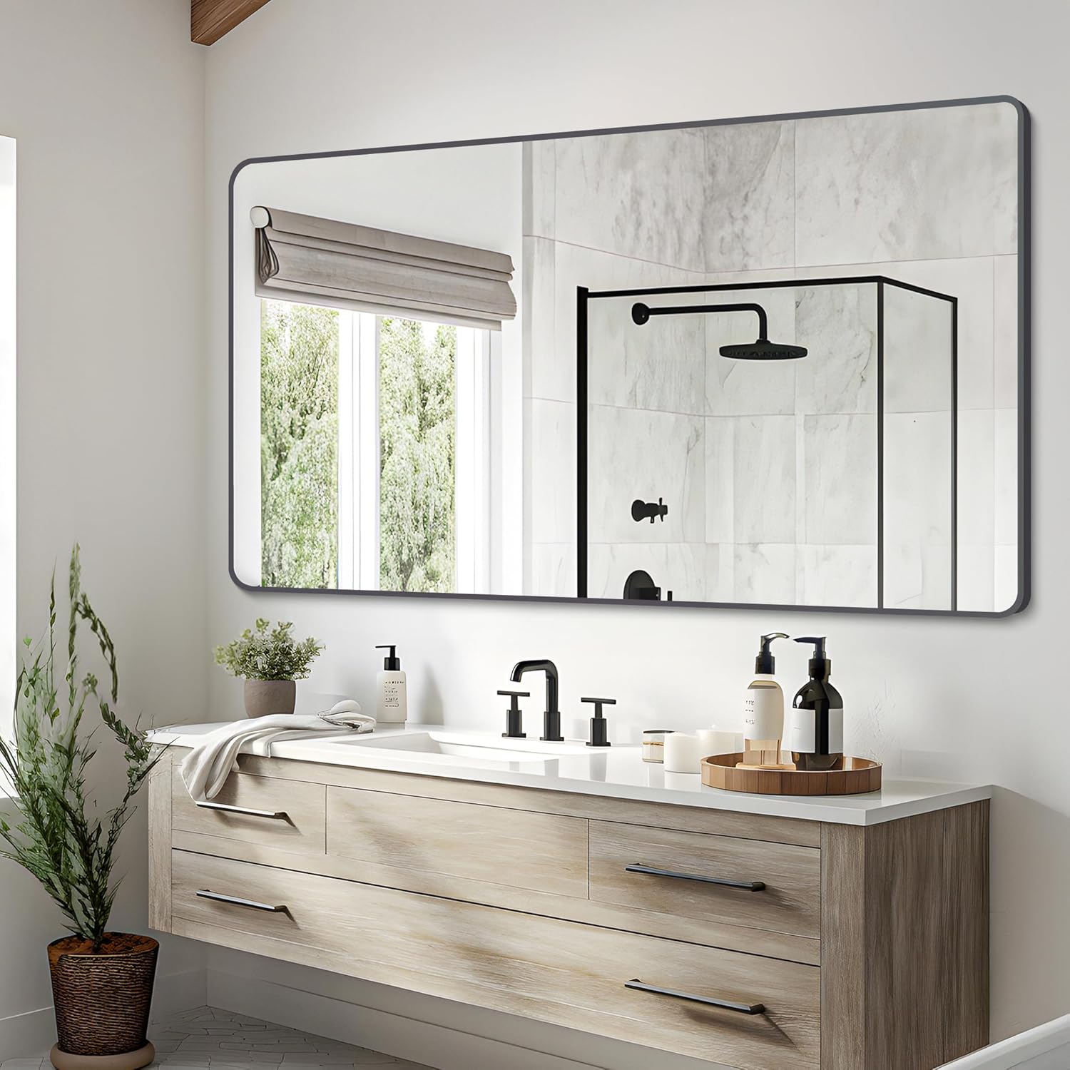 30 x 55 Bathroom Mirror with Matte Black Metal Frame Design
