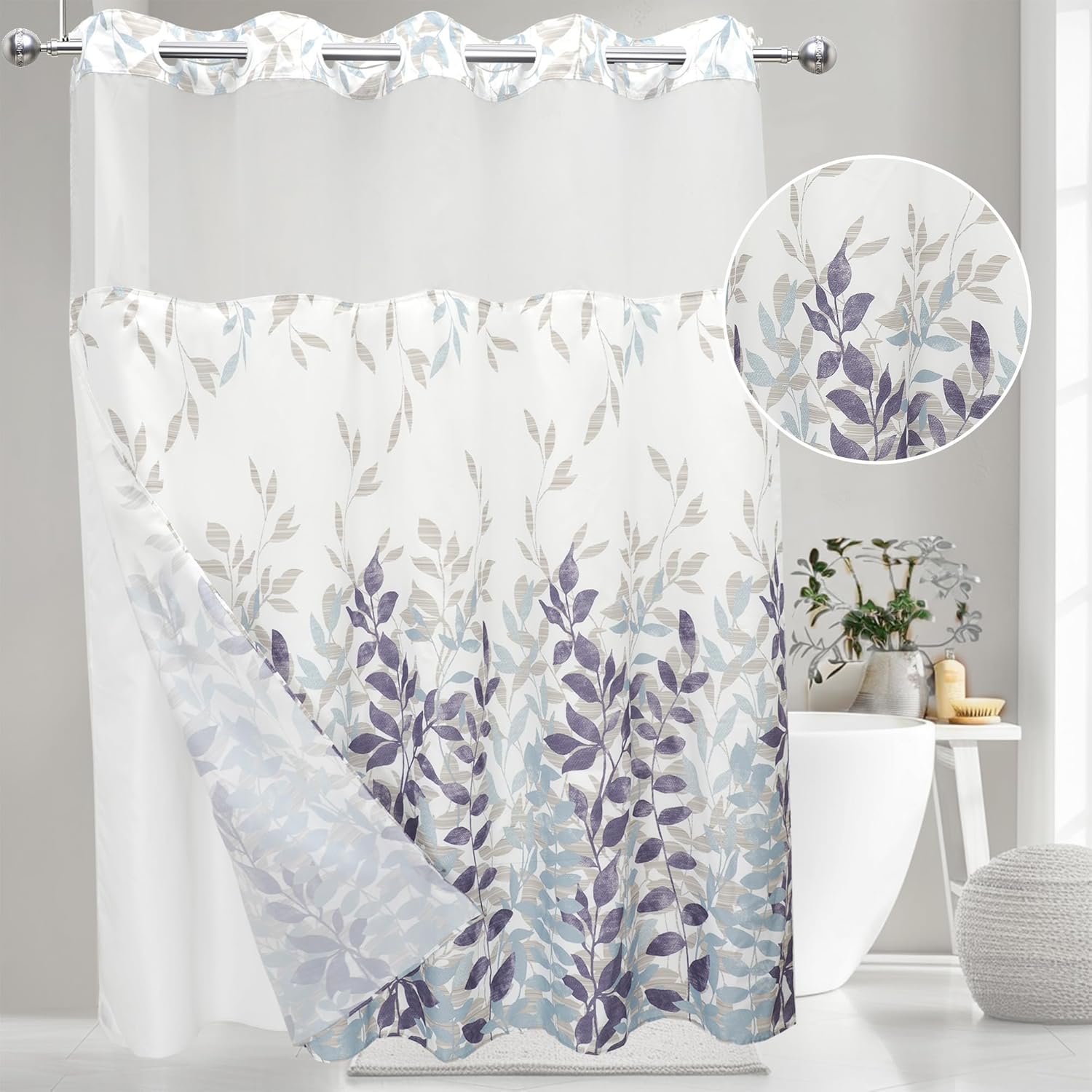 VIUOON Heavy-Duty Leaf Shower Curtain Set