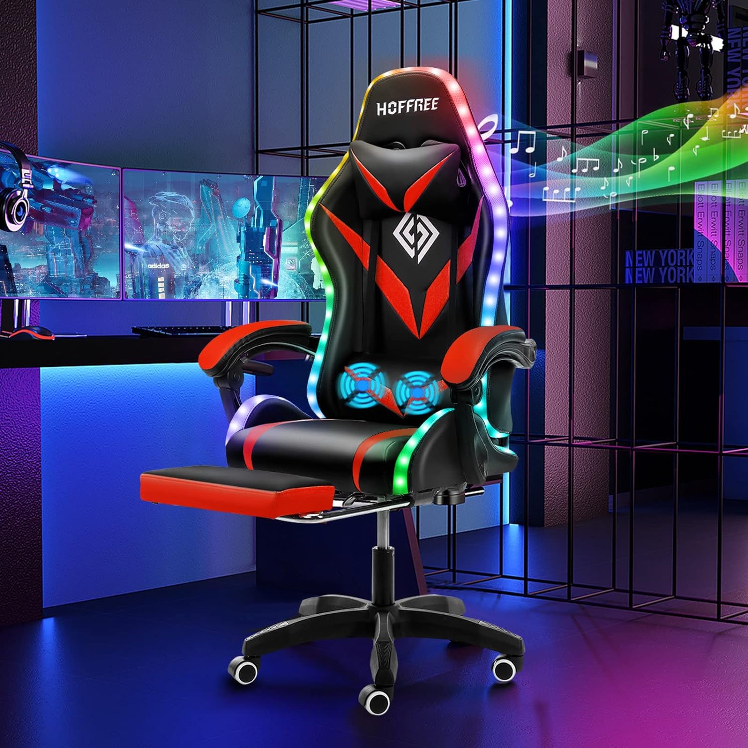 Hoffree Gaming Chair: Massage, Bluetooth, LED, Ergonomic, RGB