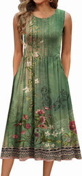 Women's Floral Tank Midi Dress with Pockets - Casual A-Line