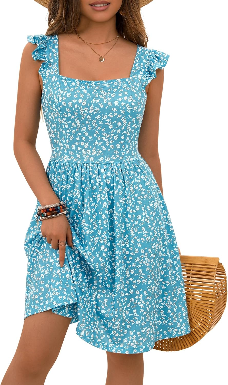 Loemes Summer Casual Cute Floral Flowy Square Neck Sundress
