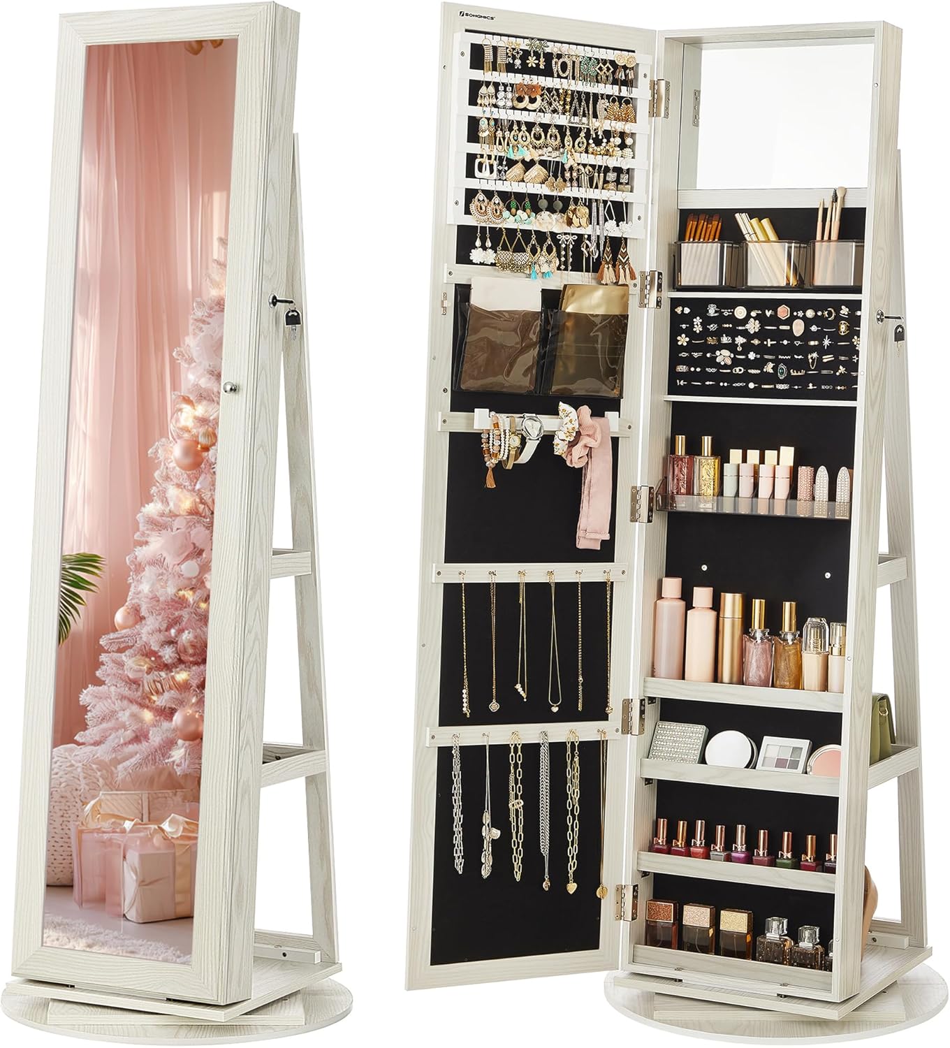 SONGMICS 360 Swivel Jewelry Cabinet with Full-Length Mirror