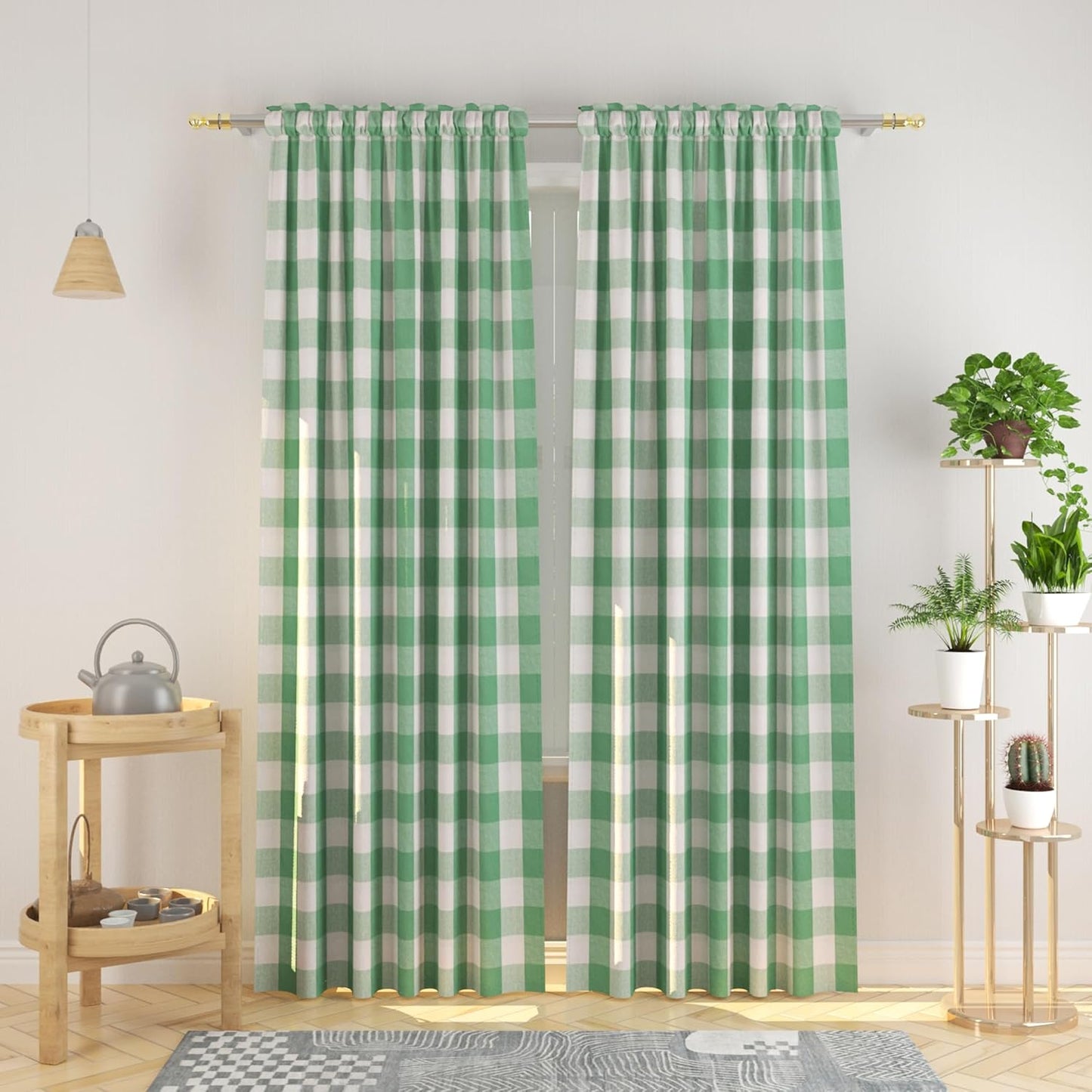 Cotton Curtains Green and White Buffalo Gingham Check Panels