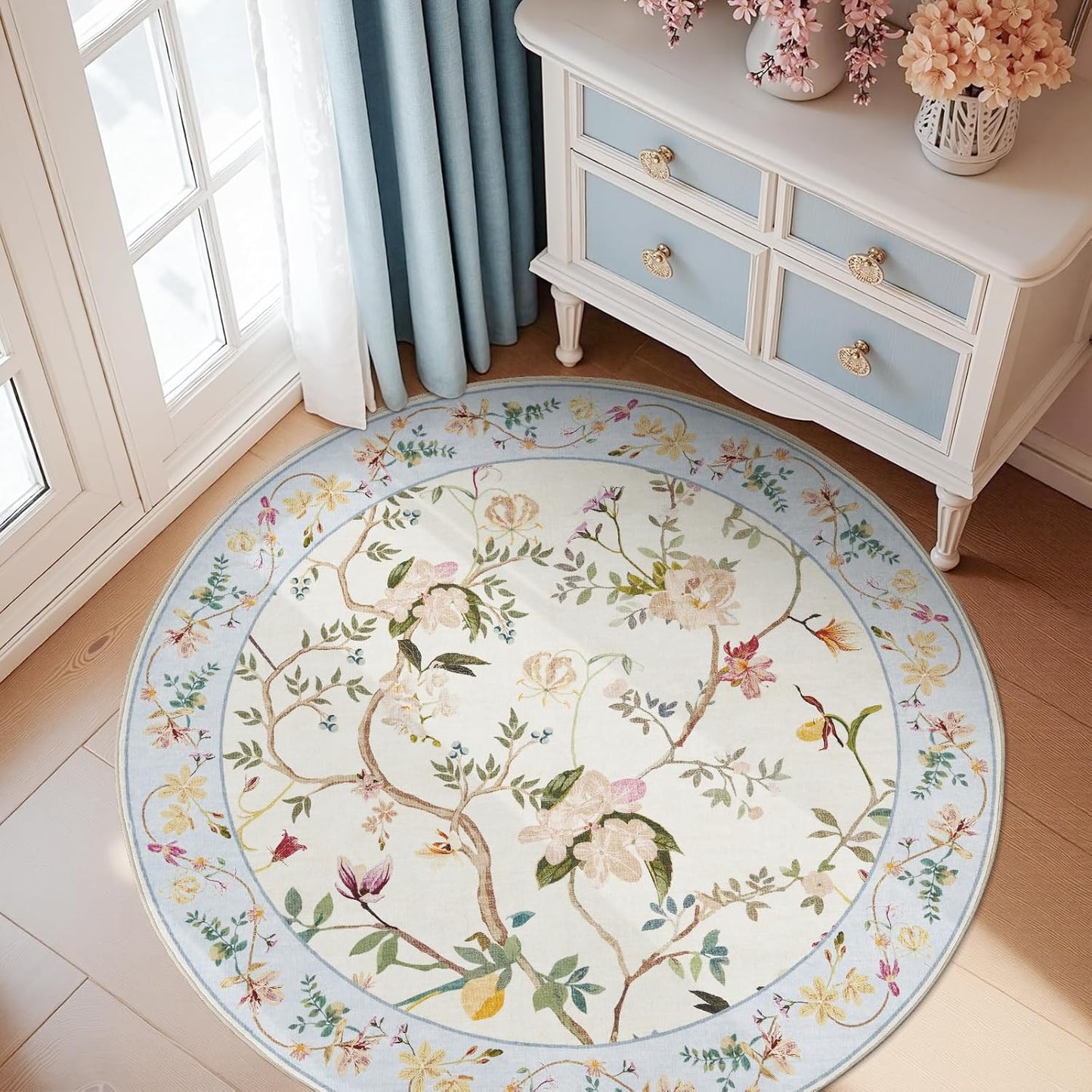 5ft Round Floral Rug Soft Non-Slip Mat for Indoor Spaces
