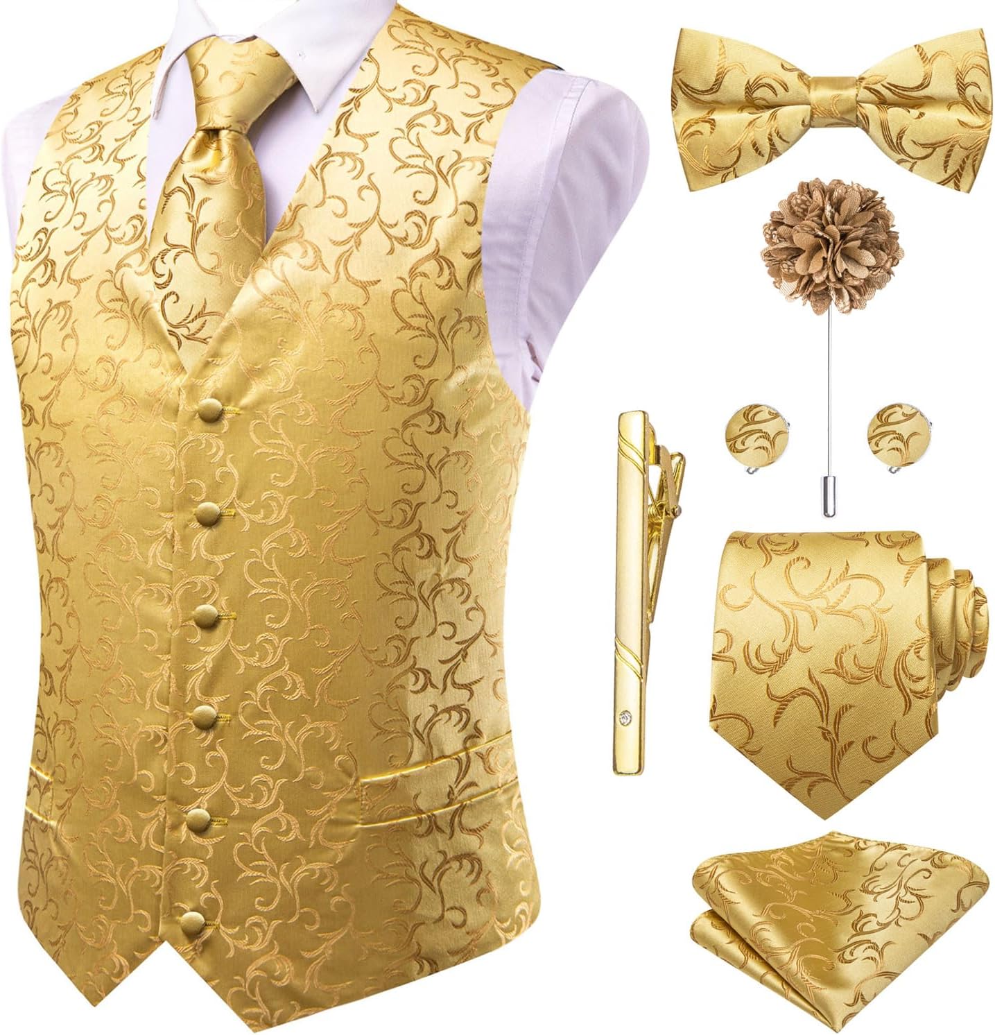 Hi-Tie Silk Mens Suit Vest Set with Tie, Bowtie, and Accessories