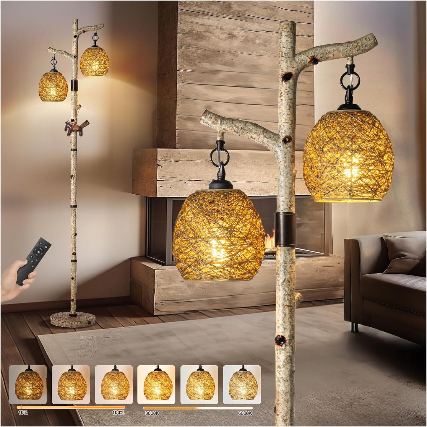 Rustic Farmhouse Remote Control Birch Tree Floor Lamp for Home