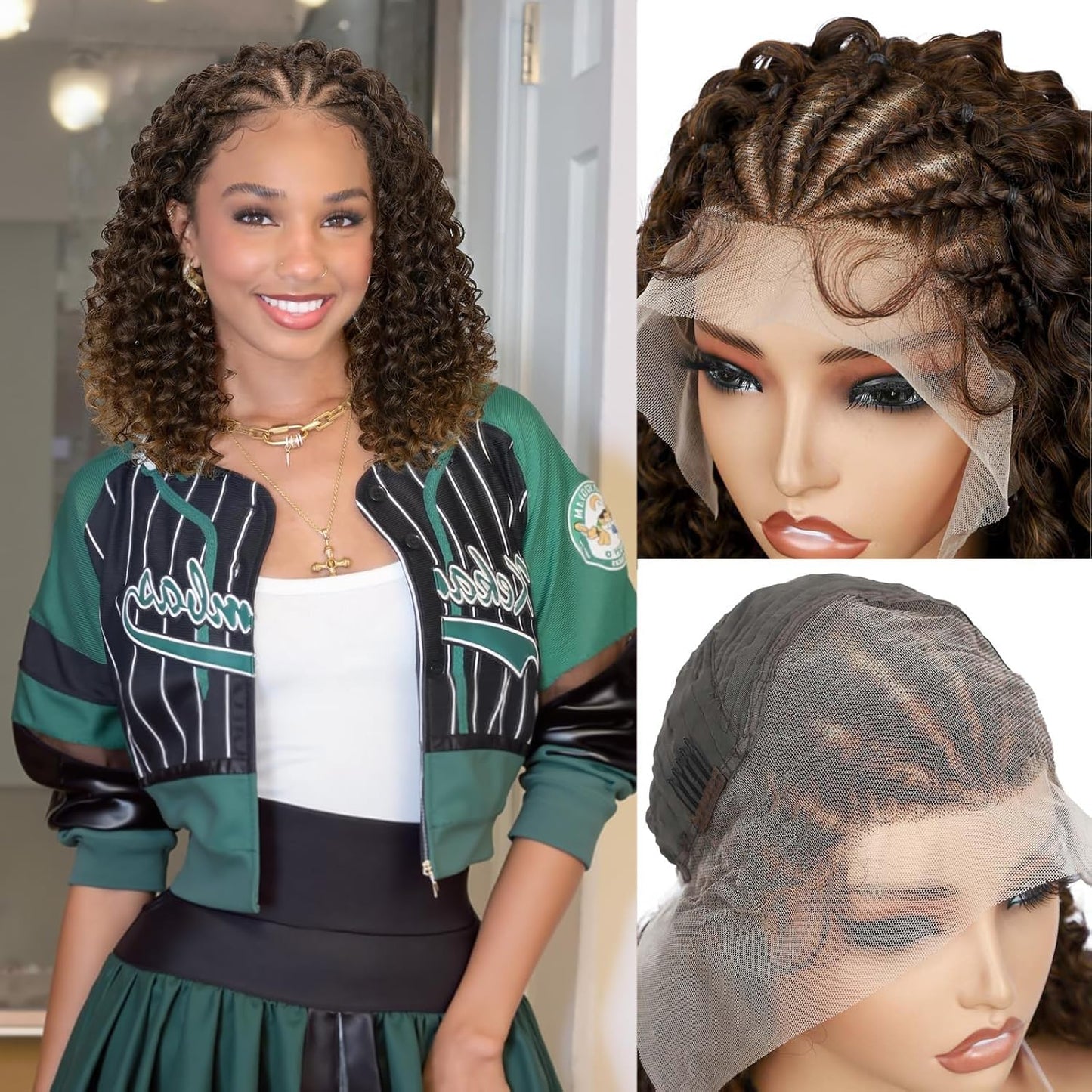 WIGER Braided Wigs for Black Women - Curly Bob Lace Front Wig
