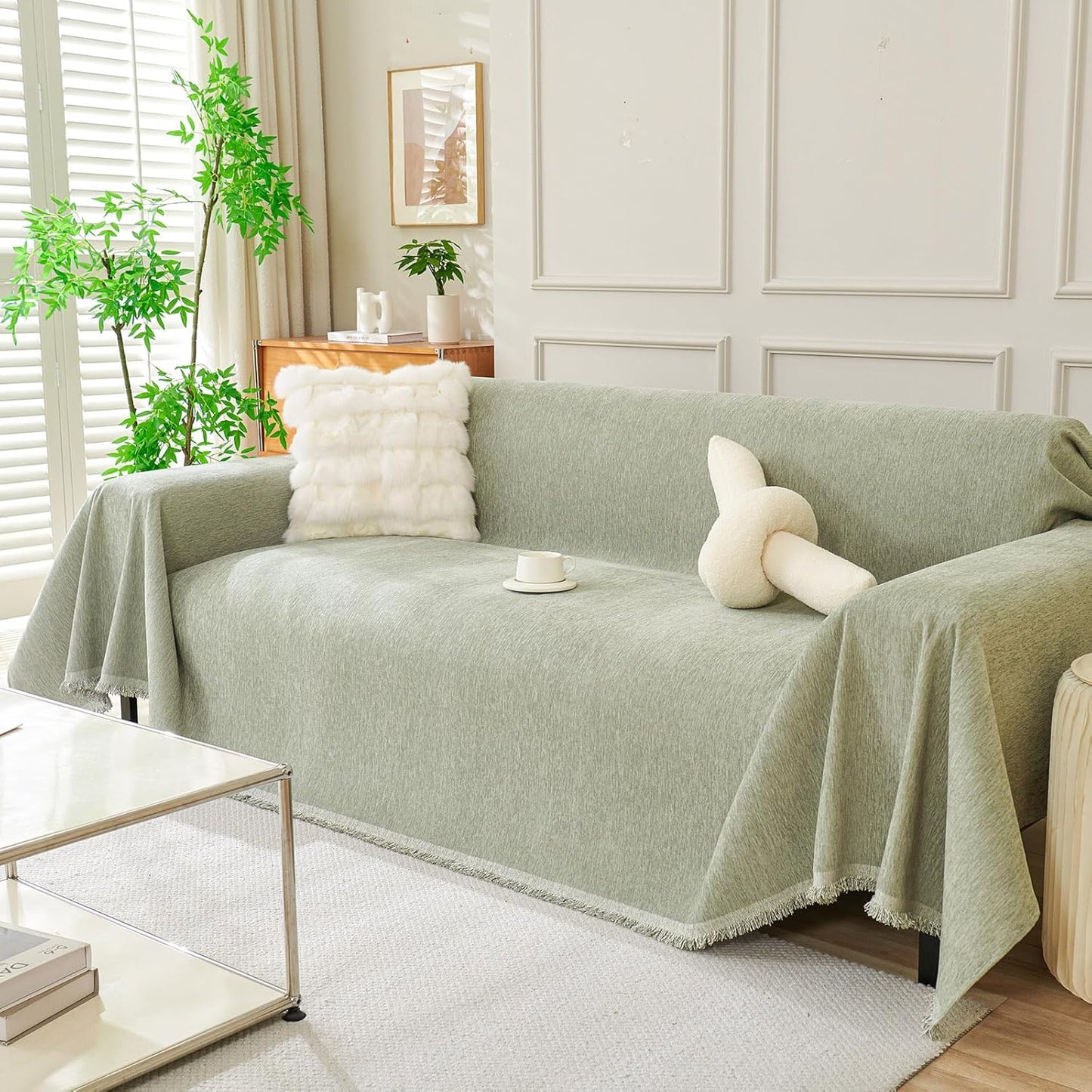 DREAMINGO Chenille Couch Cover for 3 Cushion Sofa, Sage Green