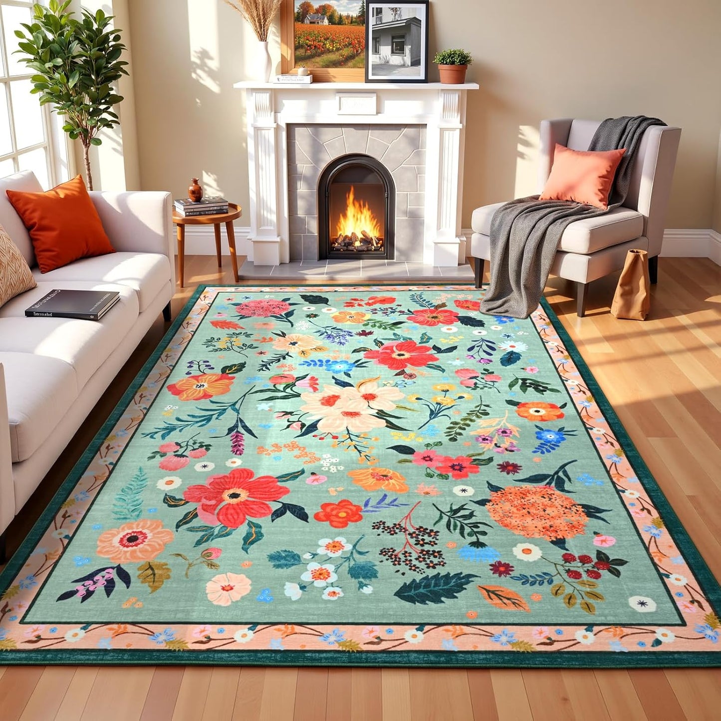 Terrug Floral Large Area Rug for Living Room, 5x7 Green Washable