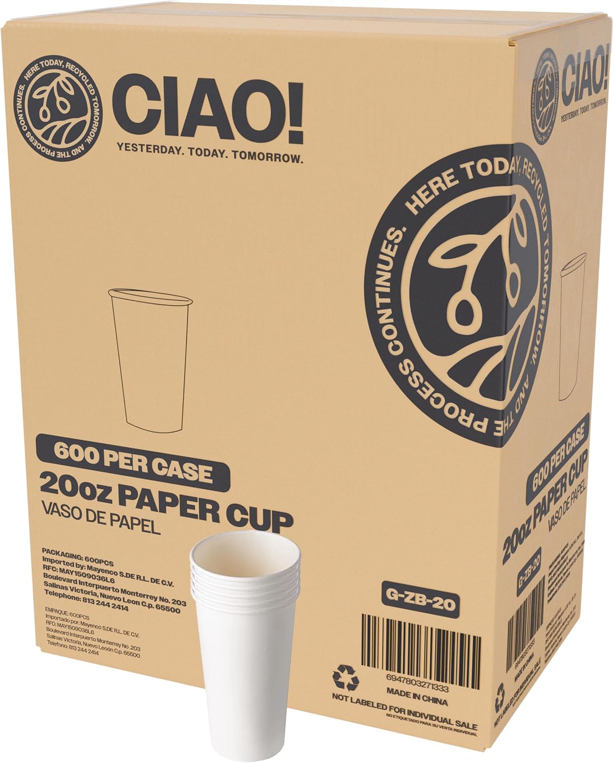 CIAO! 20oz White Paper Hot Cup - Eco-Friendly Disposable Cups