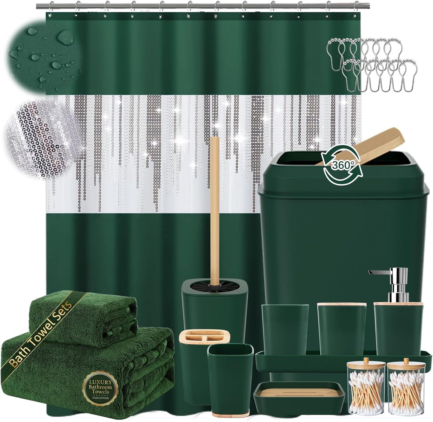 Dark Green Bathroom Accessories Set with Sequin Shower Curtain